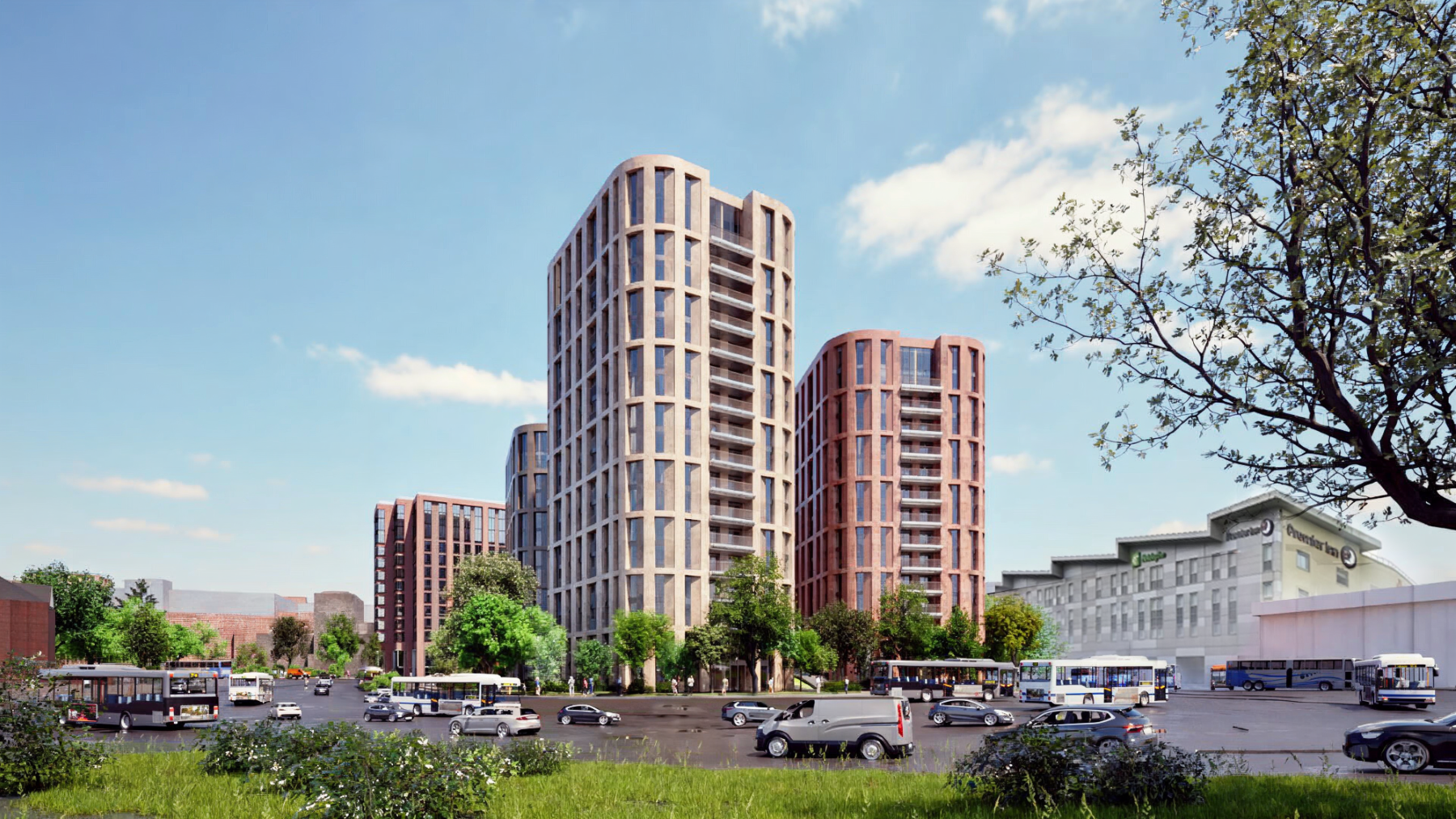 An artist impression of three tall buildings with a road in front of them.