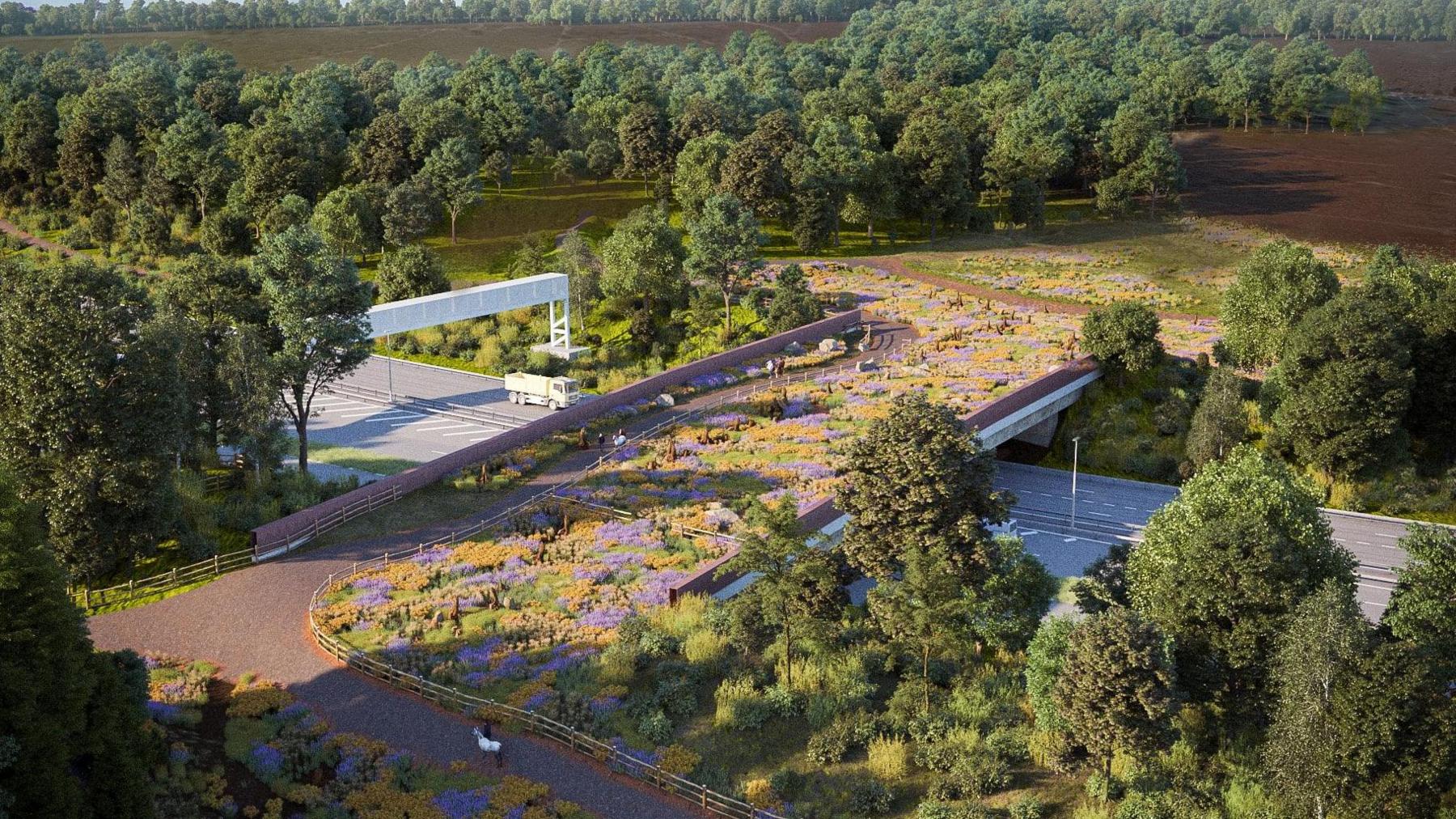 A computer-generated image of a bridge over a major road. The bridge has foliage on it.