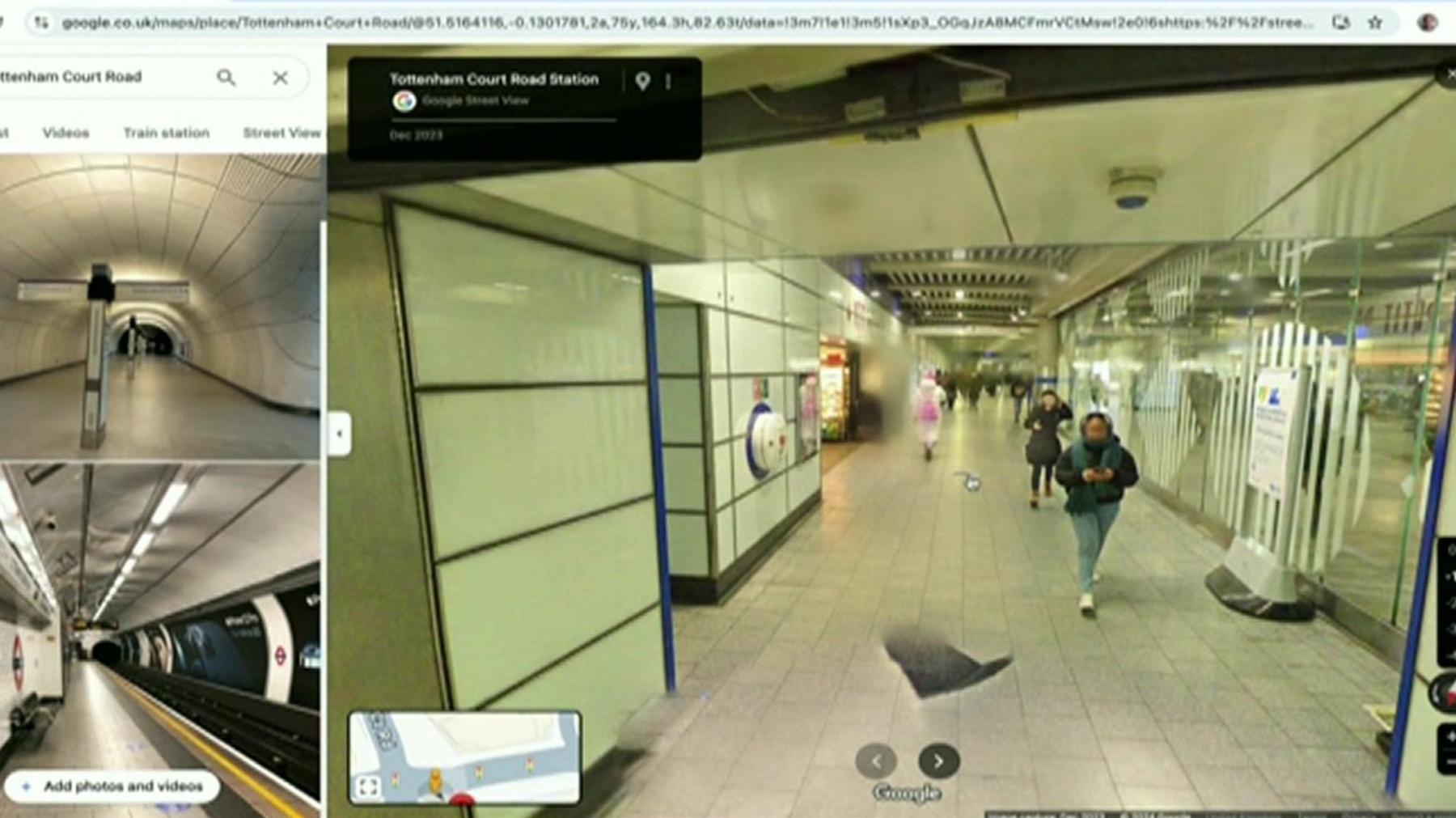 Screengrab of Google StreetView, showing a tiled Underground station with blurred people walking.