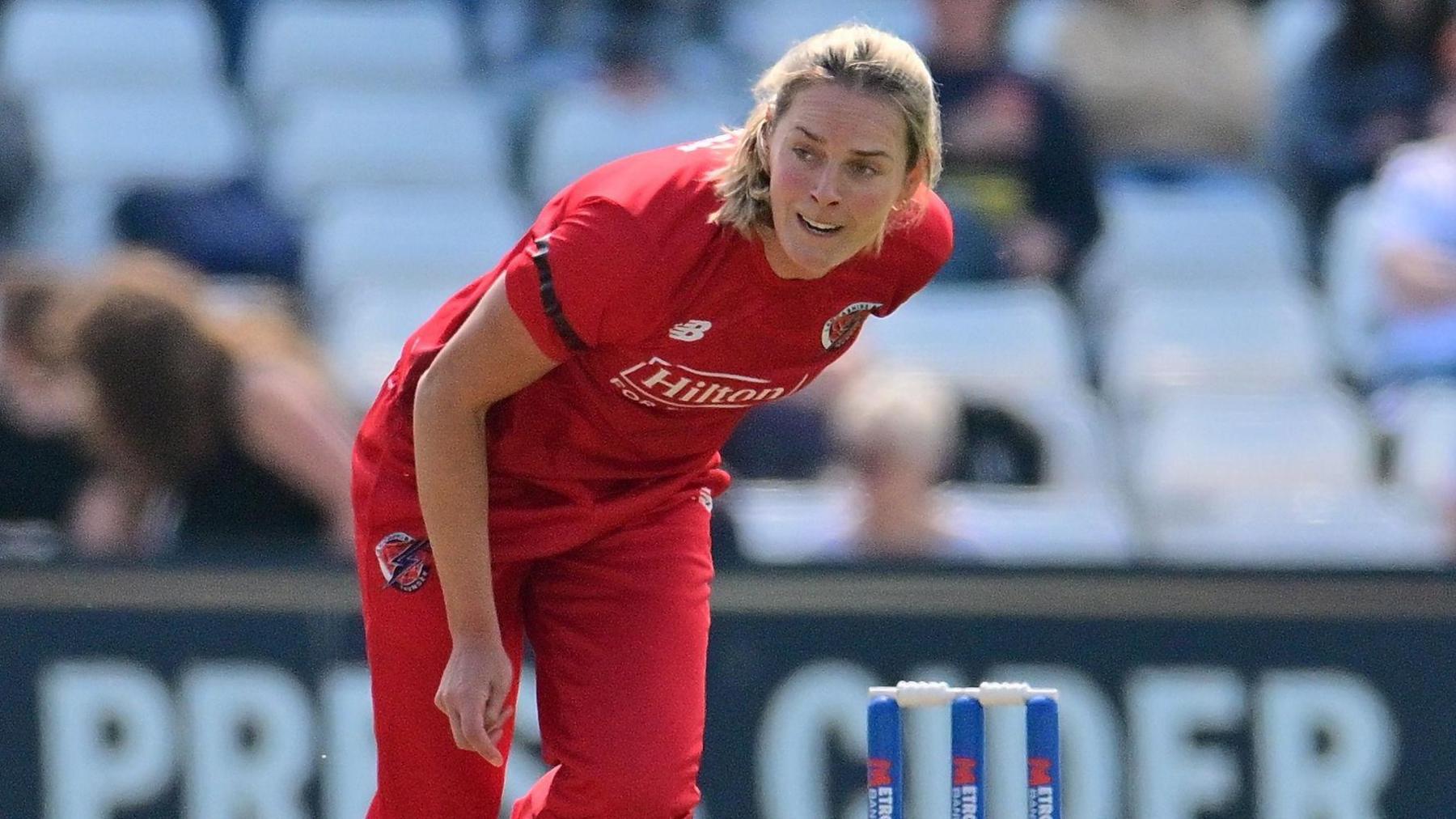 Phoebe Graham bowling for Lancashire