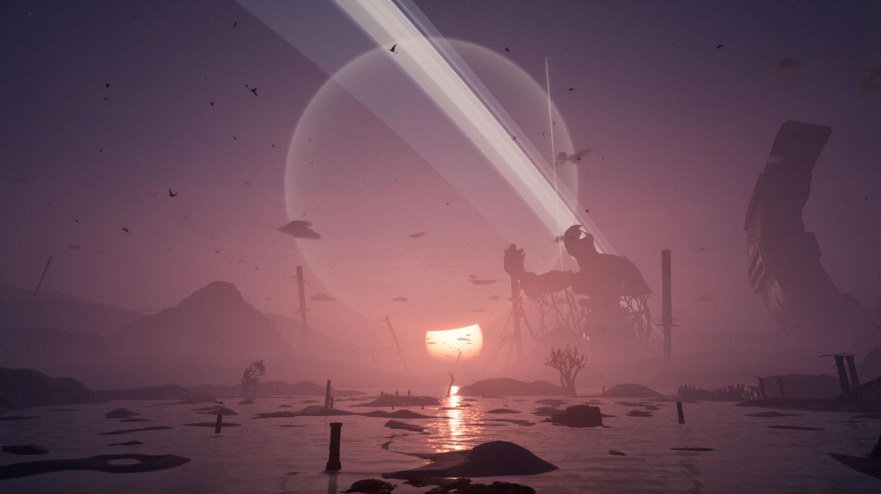 A screenshot of a foggy, watery landscape littered with space-age debris and abandoned structures. A large, circular, moon-like light fills the centre of the purple-orange horizon and a lone beam of light flies from the ground up into the sky.