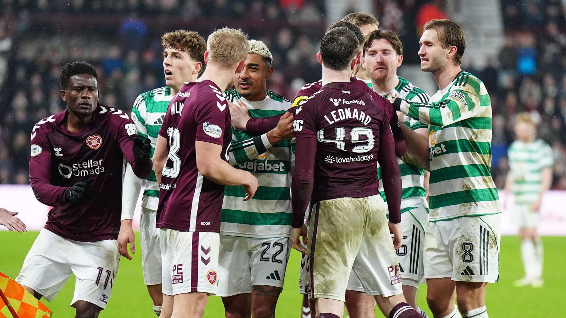 Tempers flared in an attritional contest at Tynecastle where Celtic ended with 10 men