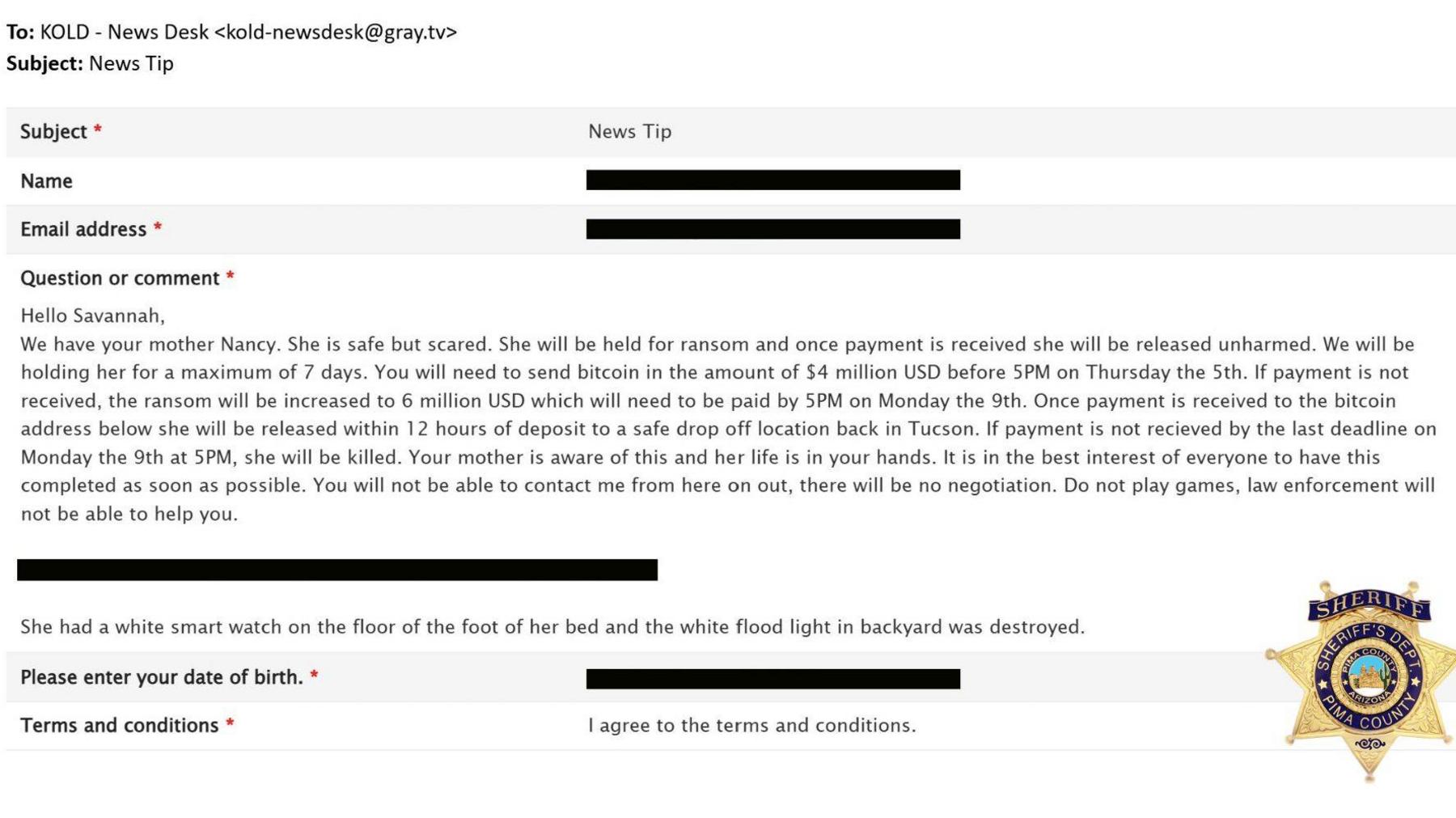 Screenshot of a ransom note that came as an email. It's typed up but with any name or email address obscured with a black bar. A Pima County Sheriff's office logo is watermarked in the corner. 
