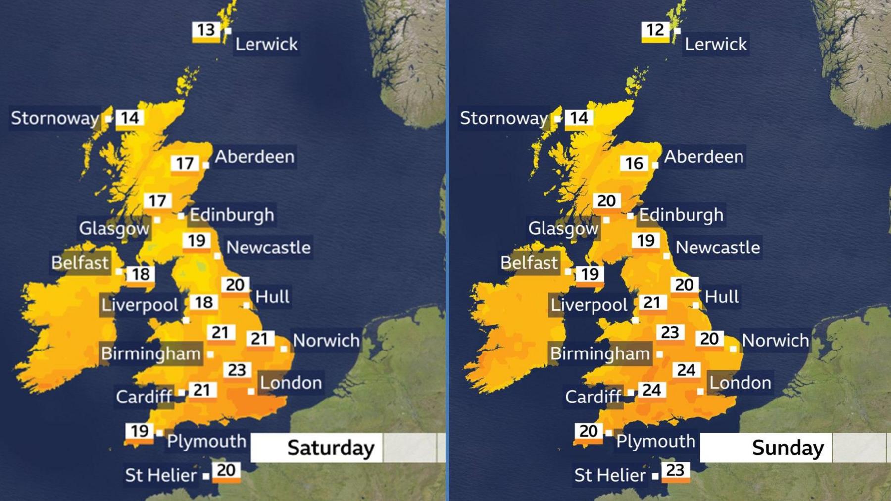 Two weather maps, one for Saturday showing temperatures ranging from 13 degrees in Lerwick to 23 in London, and another for Sunday showing a range from 12 degrees in Lerwick to 24 in Cardiff and London.