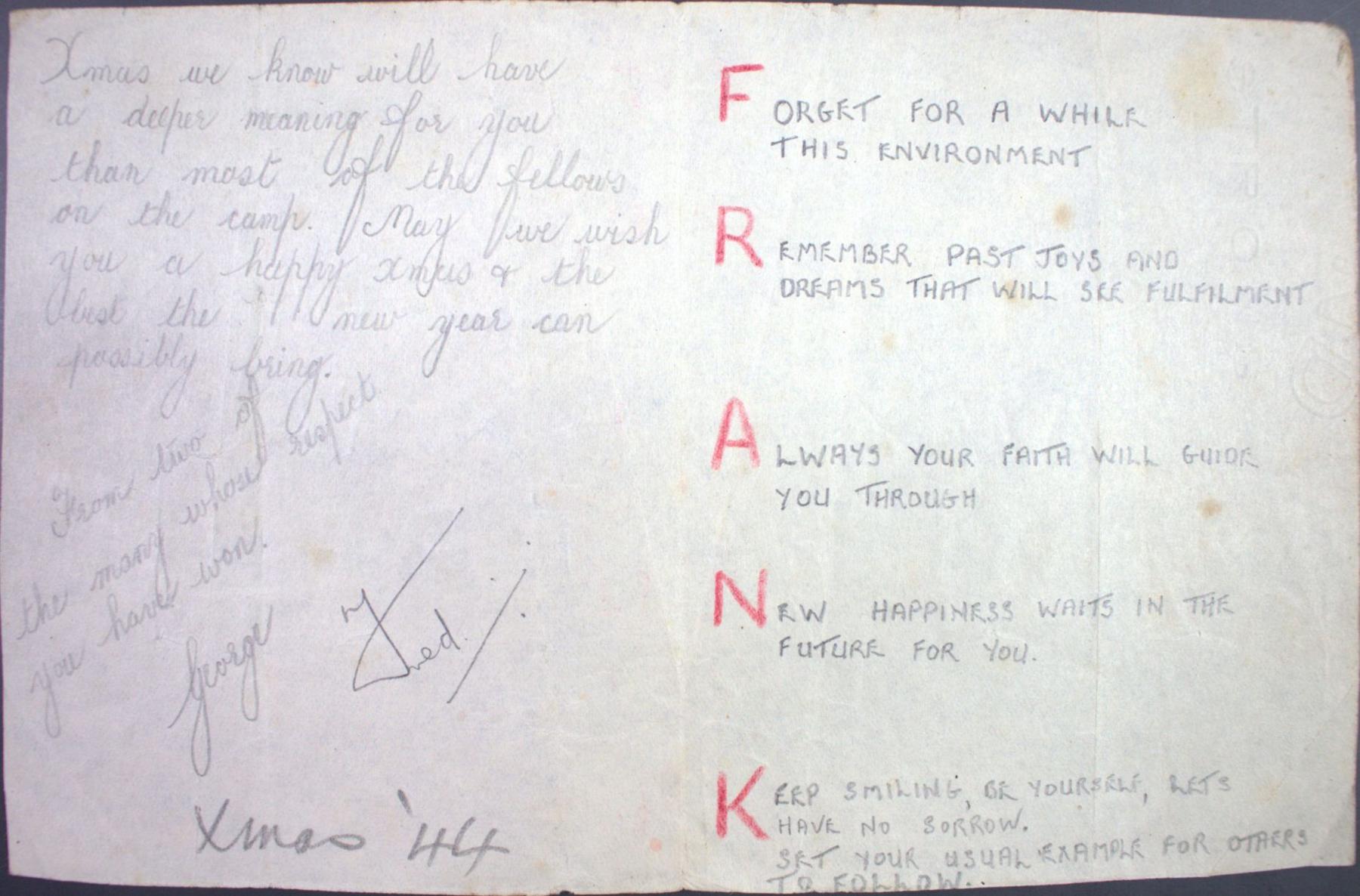 A photo of a Christmas card spelling out FRANK and writes encouragement for him.