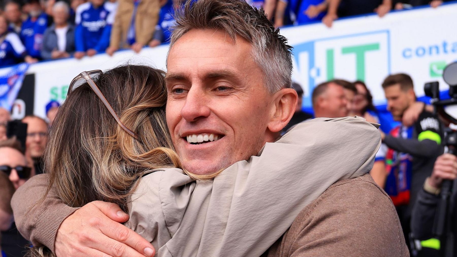 Ipswich manager Kieran McKenna celebrates promotion