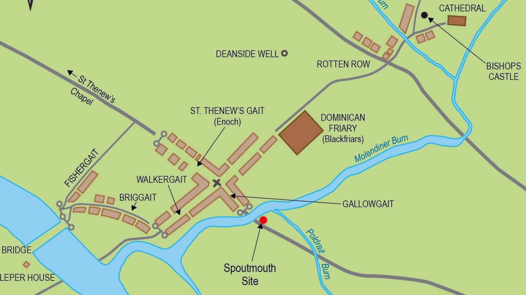 Map showing the presumed area of the medieval settlement