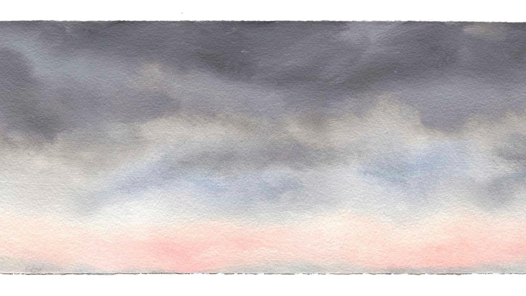 A watercolour painting of a pastel sky with pink, yellow and blue.