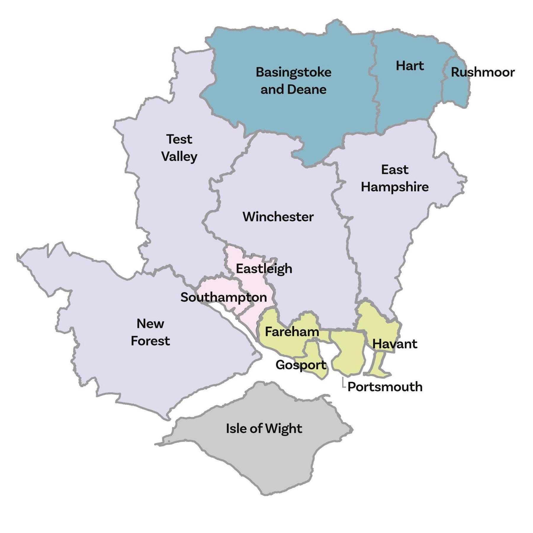 This map shows the Island in grey, New Forest, Test Valley, East Hampshire and WInchester in purple, Fareham, Gosport, Havant and Portsmouth in yellow and Basingstoke and Deane, Rushmoor and Hart in green. 