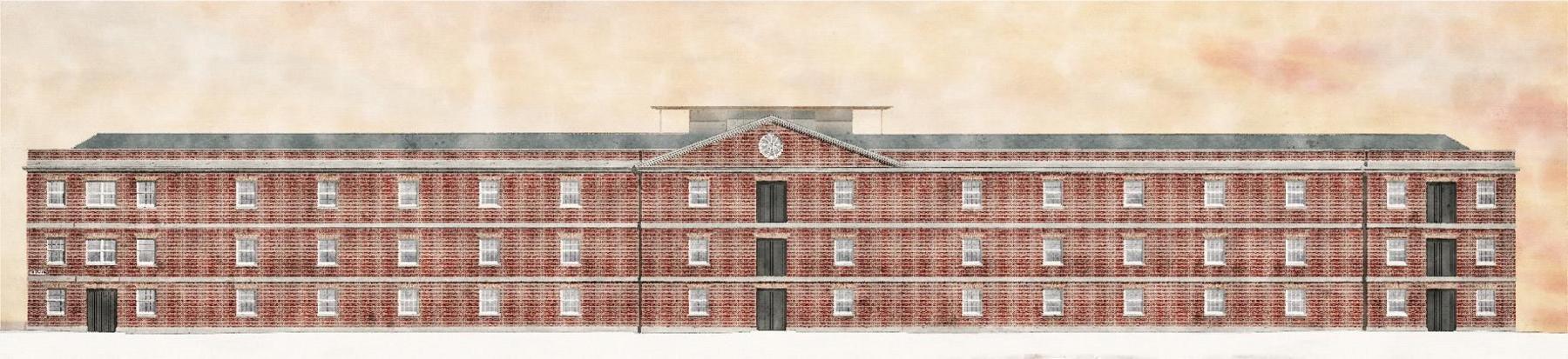 An artist's impression of the former Navy rum store, a long, three-storey brick building with windows and a flat roof