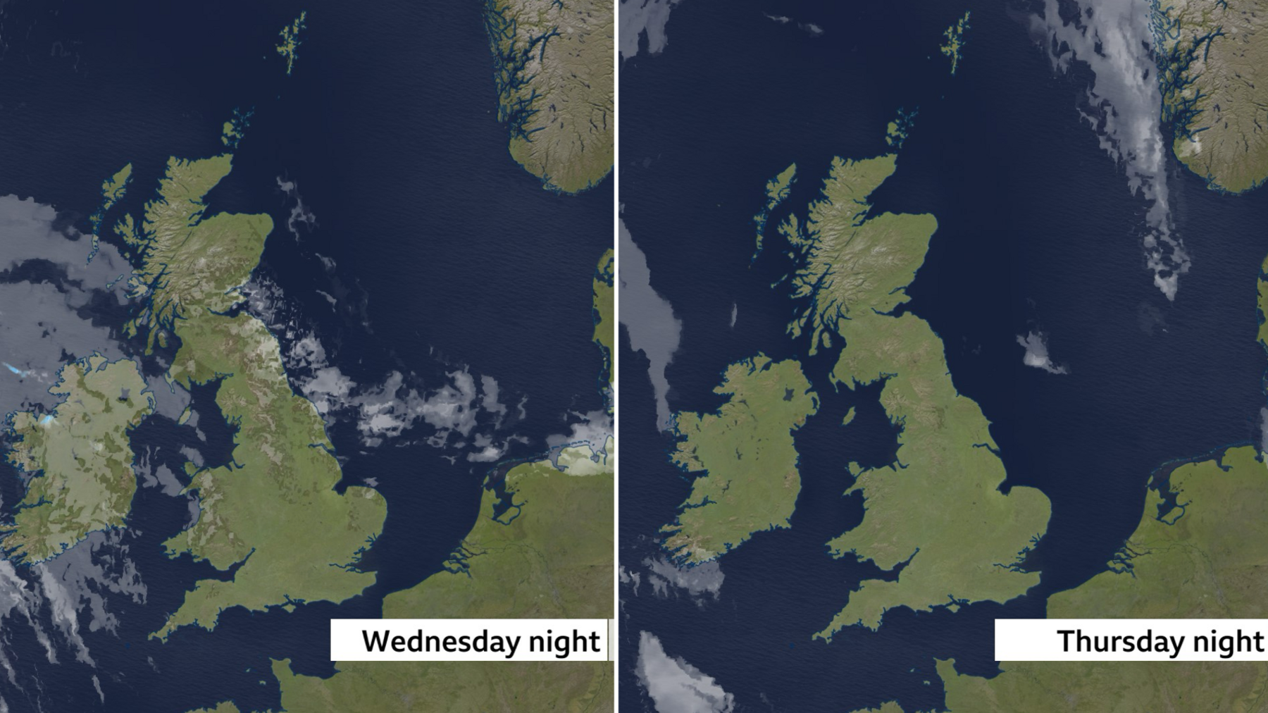 Two maps of the UK for Wednesday night and Thursday night. Both showing mostly clear skies across the UK
