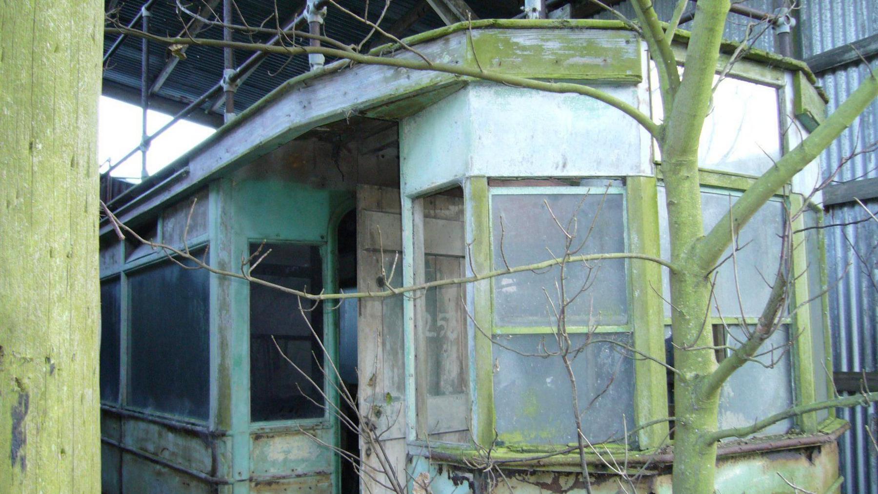 A rotting tram car in a metal barn. It is covered in green fungus with a tree growing from its front