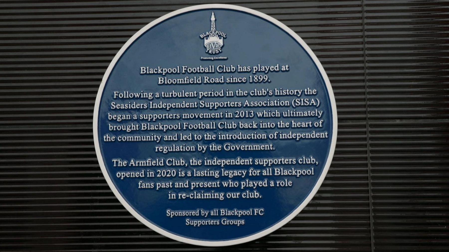 The blue plaque which was unveiled at The Armfield Club