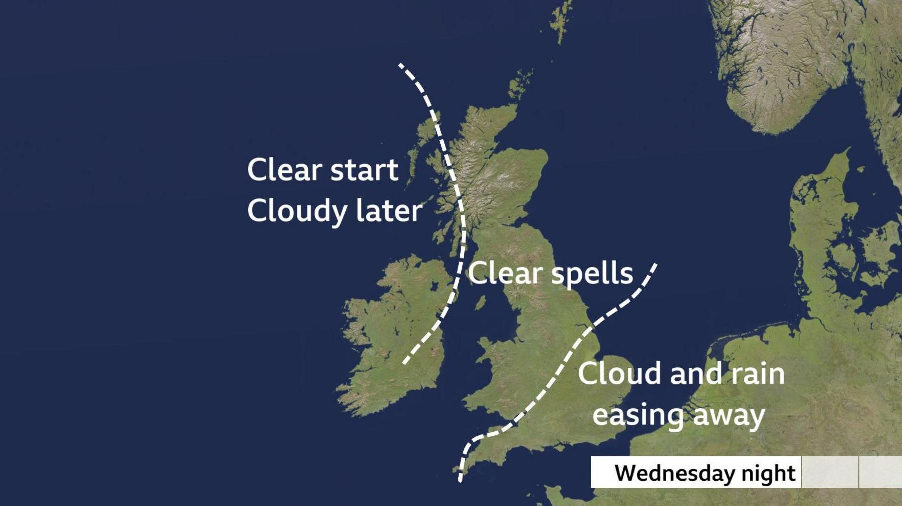 Map of UK with cloud shown across south-east England early in the night, and more cloud across Northern Ireland later in the night. Clear spells elsewhere.