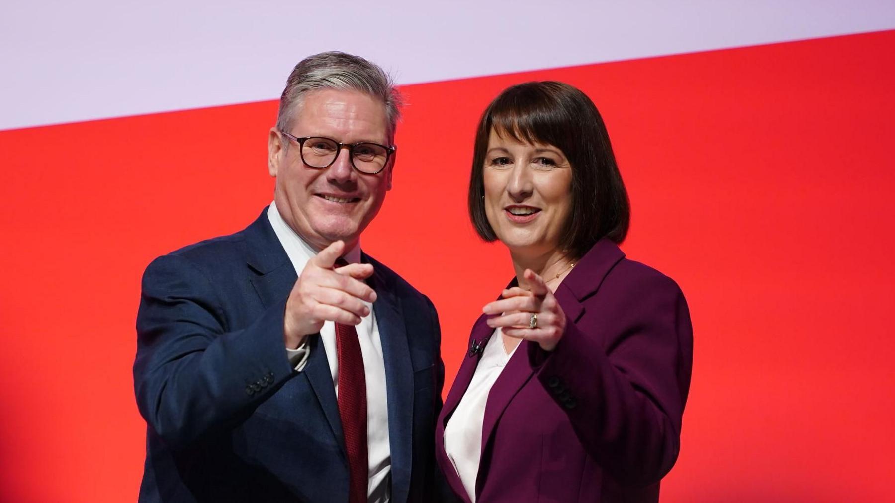 Sir Keir Starmer and Rachel Reeves on stage at Labour conference after the chancellor delivered her speech to the hall