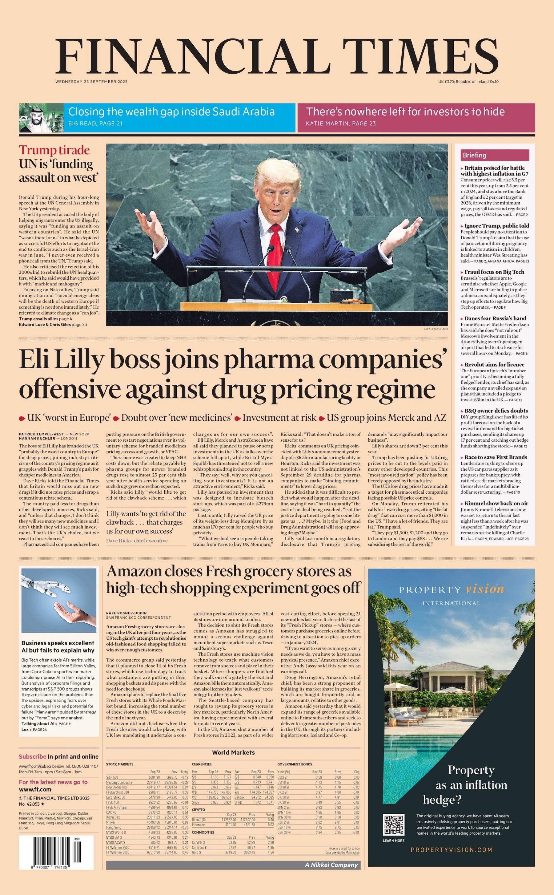 "Eli Lilly boss joins pharma companies' offensive against drug pricing regime" reads the headline on the front page of the Financial Times.