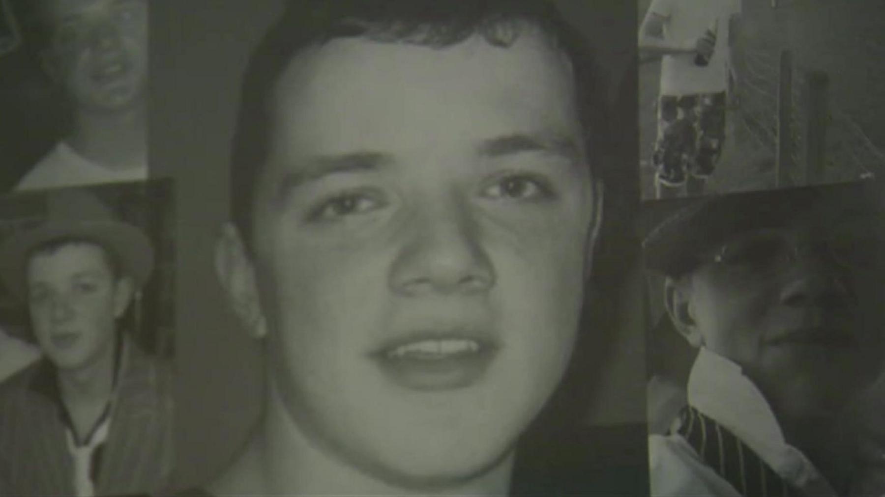 A black and white headshot of Kristian, smiling at the camera. There is a montage of other photos of him in the background. 