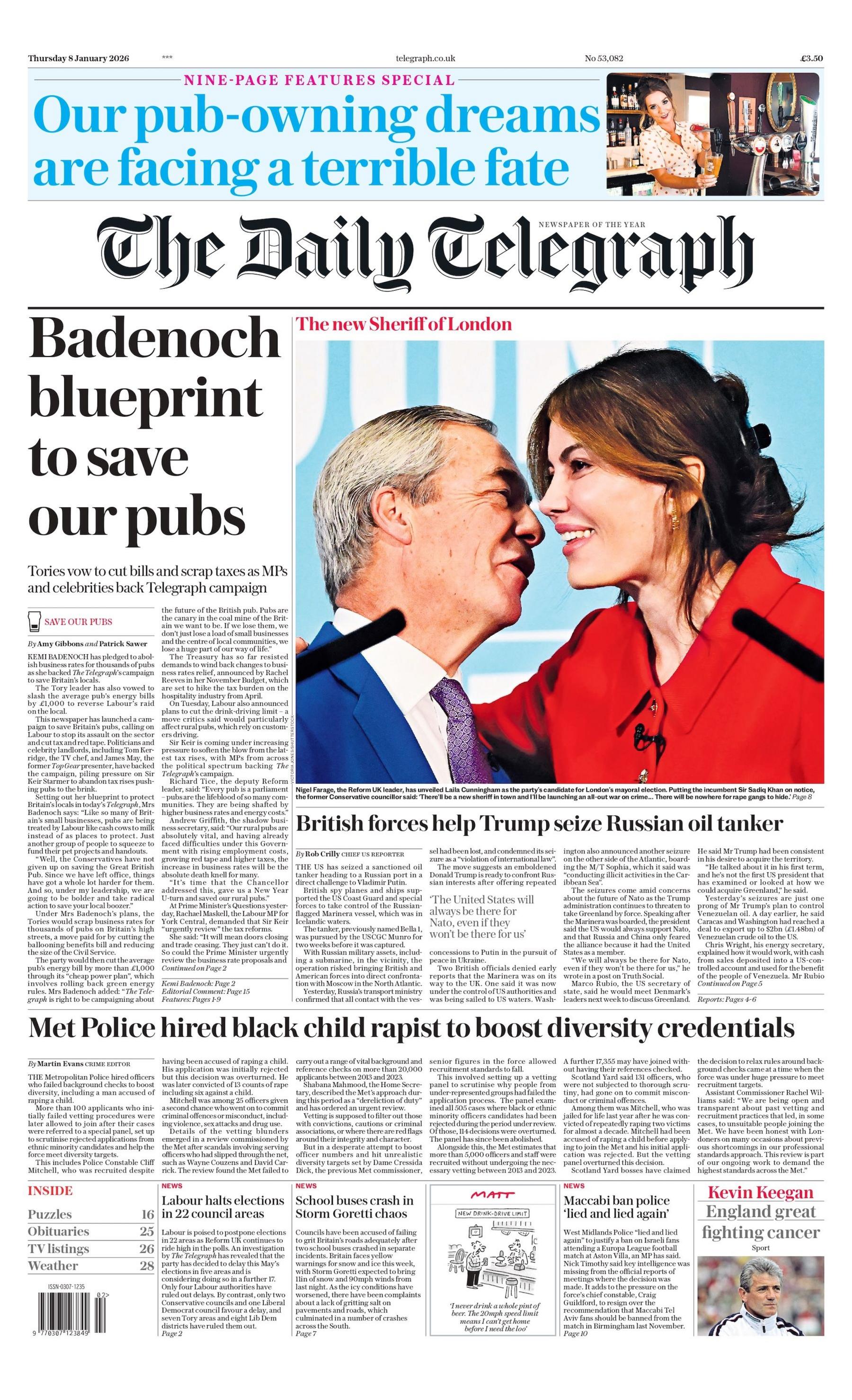 "Projekti i Badenoch për të shpëtuar pub-et tona" është titulli kryesor në faqen e parë të Daily Telegraph.