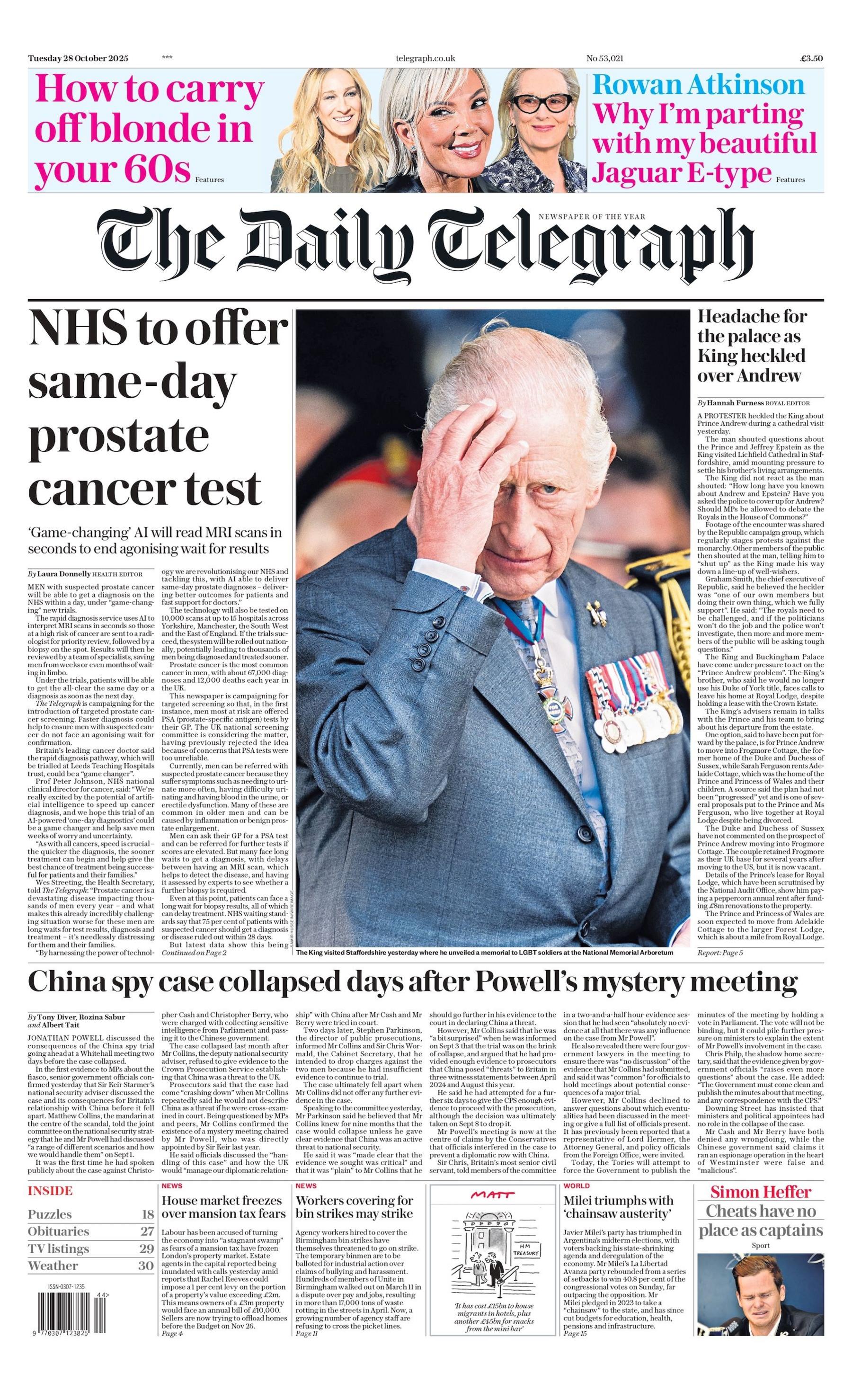 "NHS to offer same day prostate cancer test" reads the headline on the front page of The Daily Telegraph.