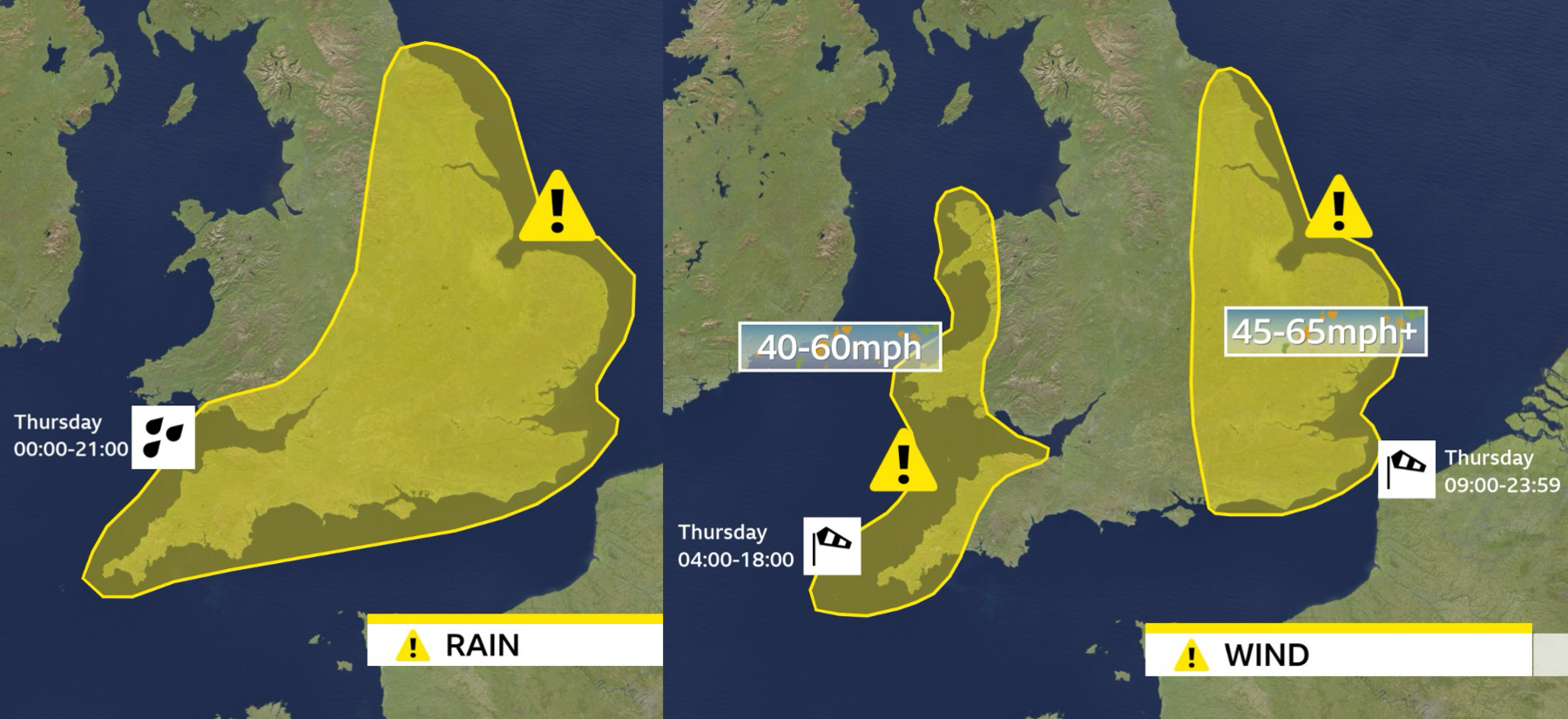 Two maps showing the areas where yellow severe weather warnings have been issued. On the left, rain covering much of southern and eastern England valid from midnight to 9pm on Thursday. On the right, wind warnings, one in west Wales and south-west England for 40-60mph valid from 4am to 6pm on Thursday, and one in eastern England for 45-65mph valid 9am to midnight Thursday.