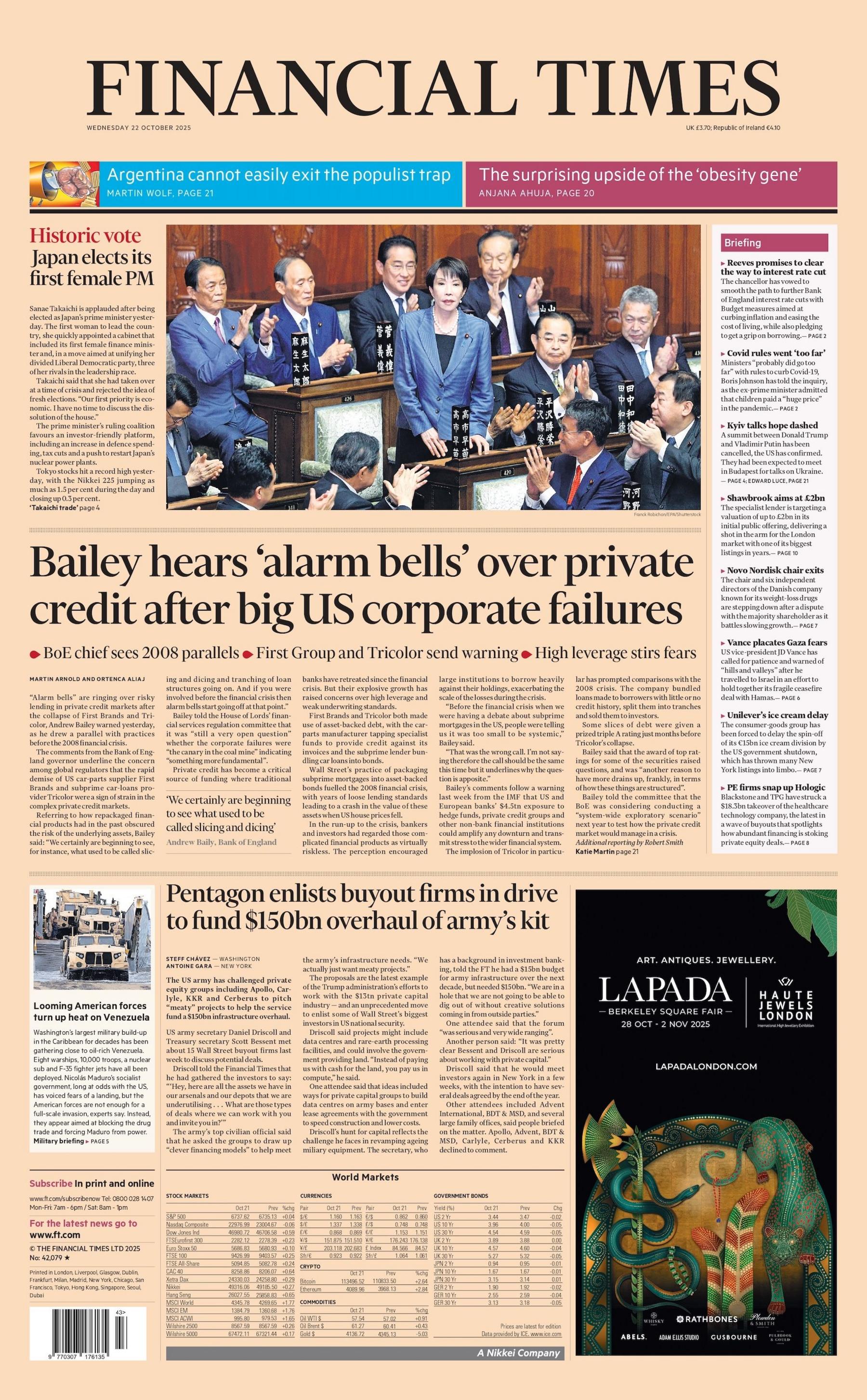 "Bailey hears 'alarm bells' over private credit after big US corporate failures" reads the headline on the front page of the Financial Times.