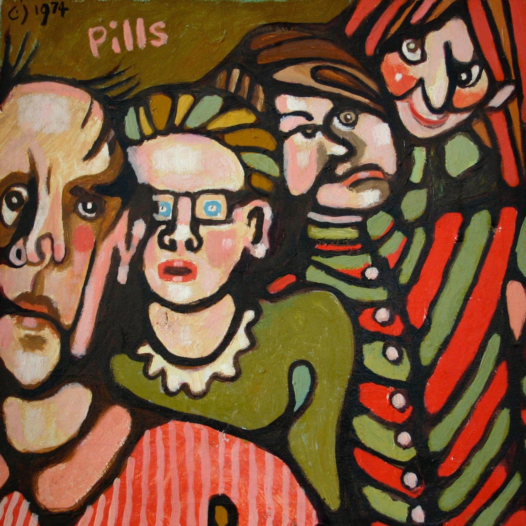 A painting of a queue of people dressed in 1970s clothes with distorted faces and blank expressions