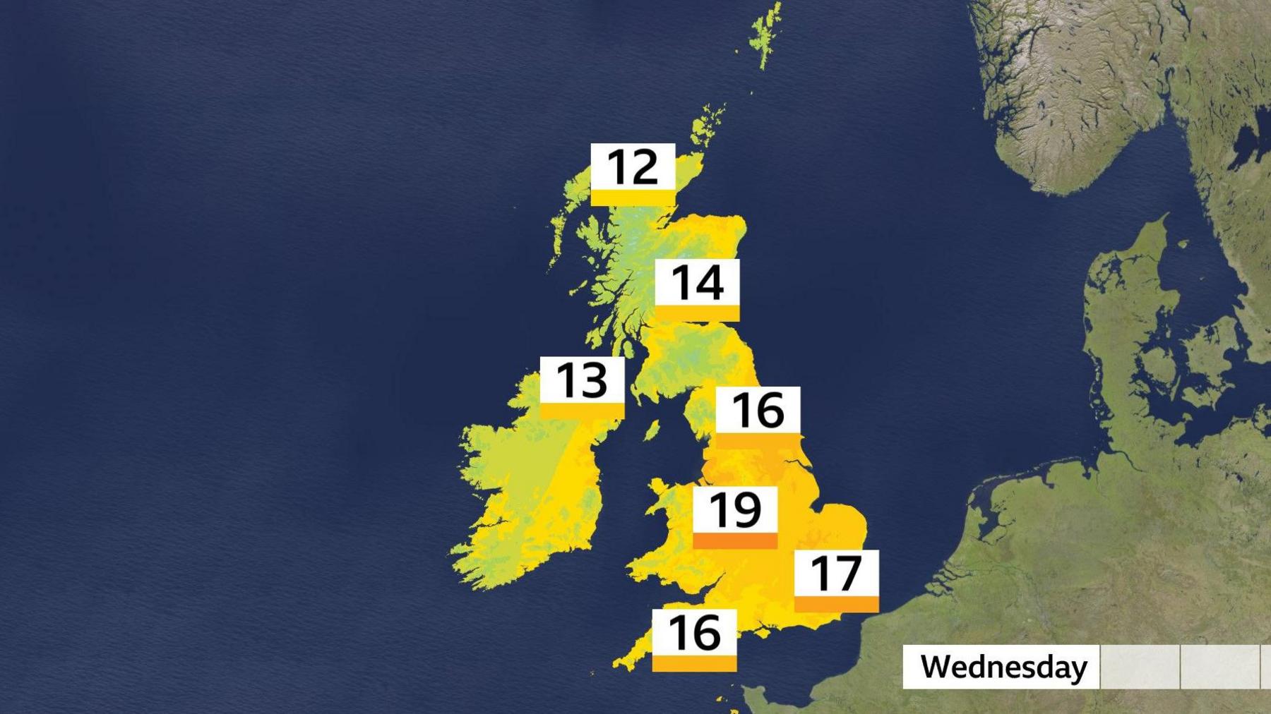 BBC Weather graphic of the UK on Wednesday shaded in green, yellow and orange depicting a range of temperatures from 12 degrees in the north of Scotland to 19 degrees around central areas of the UK.
