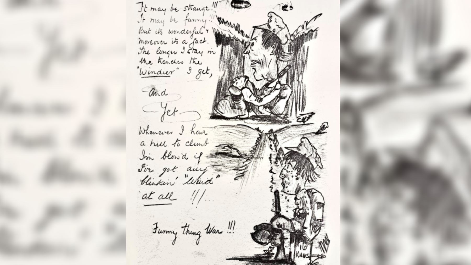 A black and white sketch showing a soldier sitting in a trench with shells flying over his head an a poem written next to it 