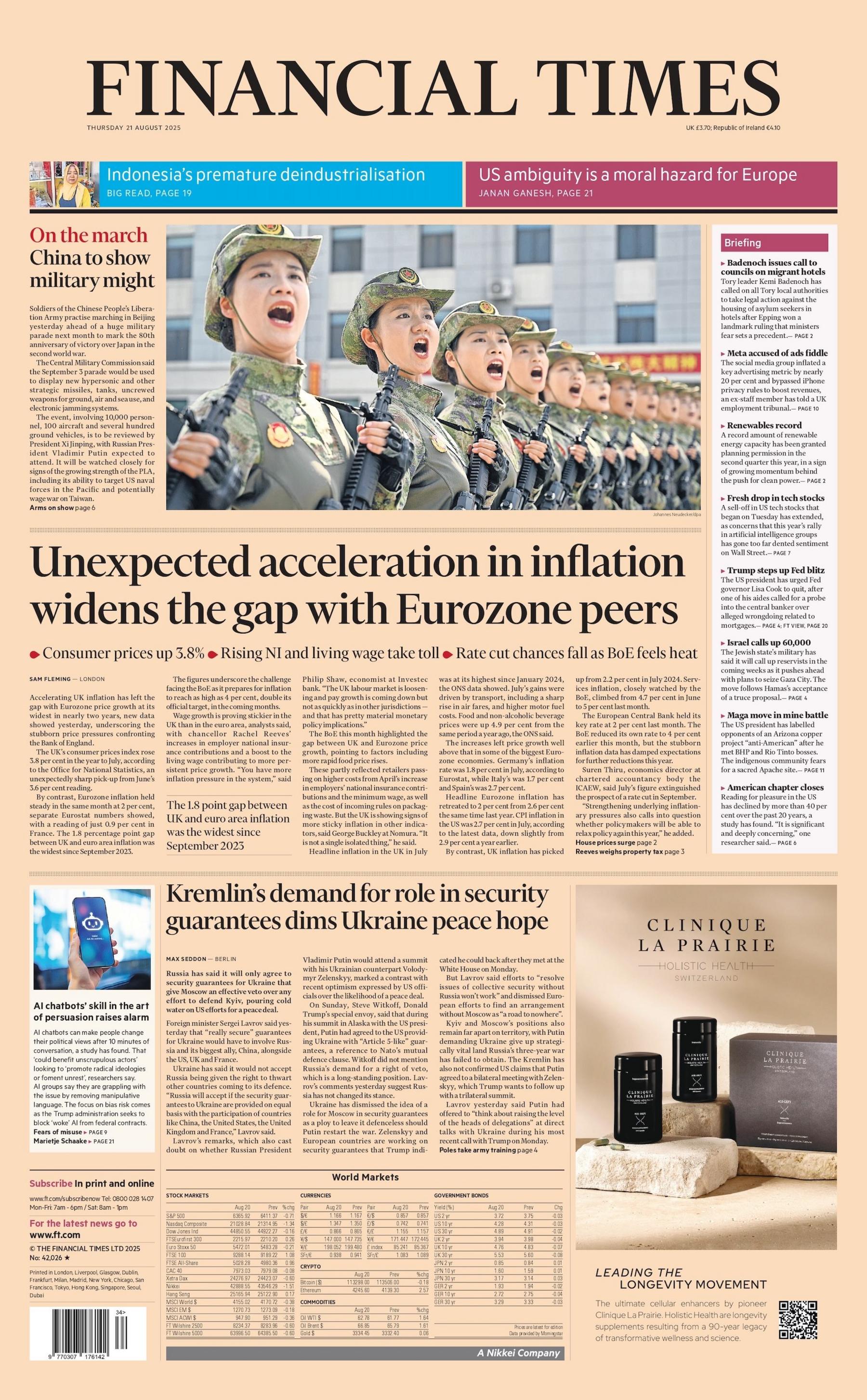 "Unexpected acceleration in inflation widens the gap with Eurozone peers" reads the headline on the front page of the Financial Times.