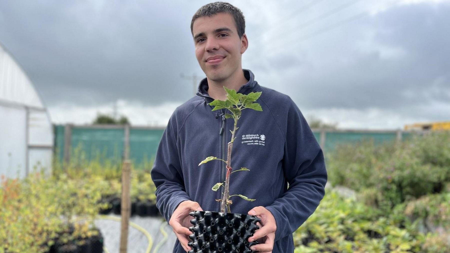 Assistant Sam Brown holds sapling tree at tree nursery