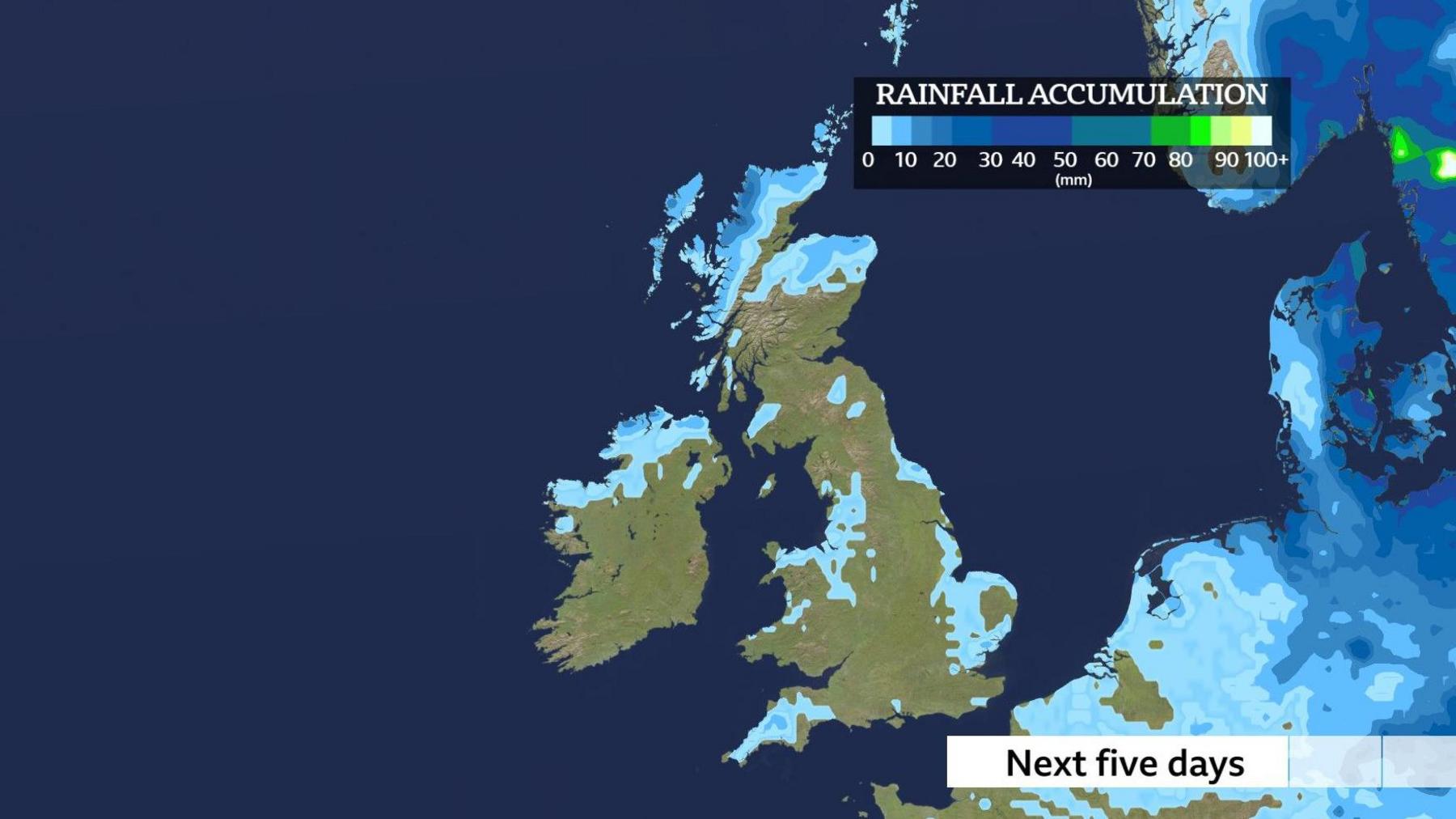 Map of UK showing a few zones of blue colours where sporadic rain may fall close to coasts this week