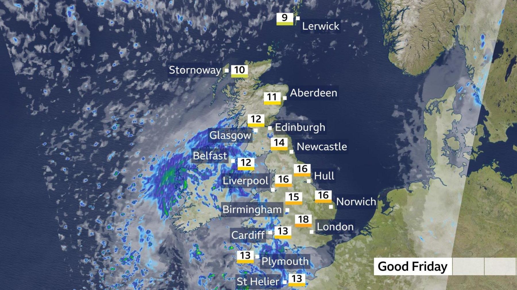 A weather map of the UK for Good Friday showing rain across Northern Ireland, Wales, south-west Scotland and south-west England, and some sunshine in northern and eastern parts.