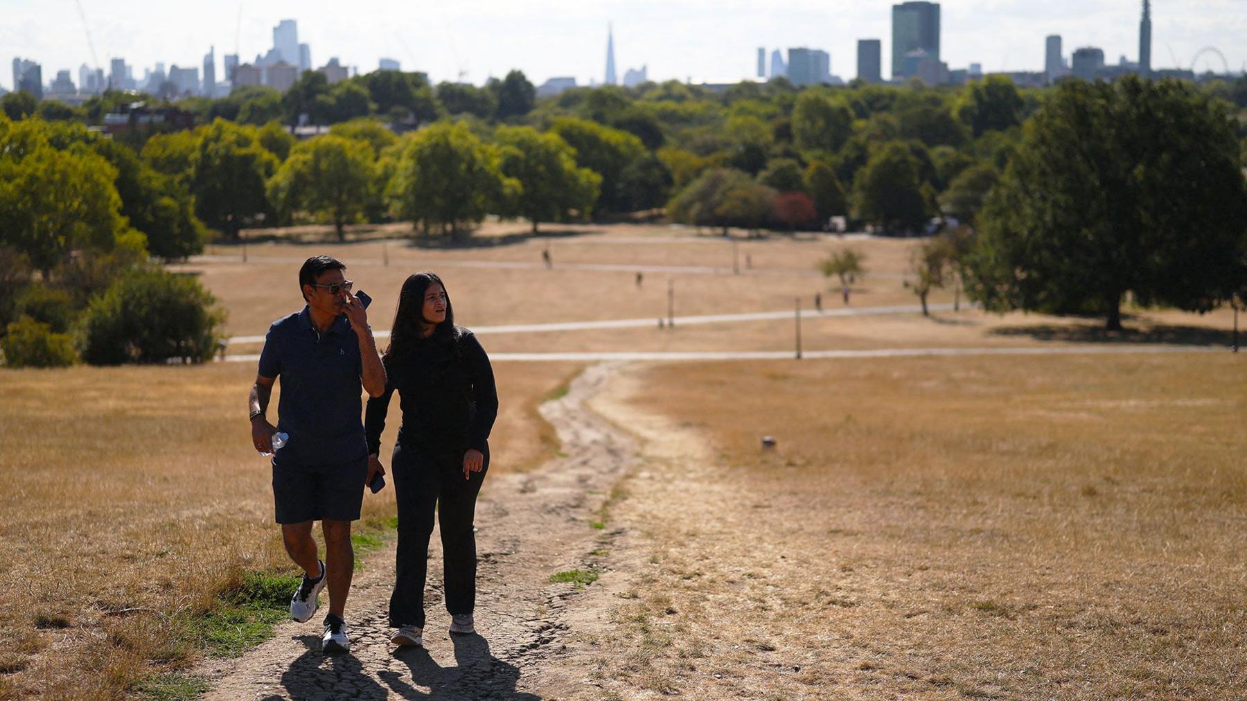 View of dry brown grass and two peopel walking towards the camera with the London skyline in the background