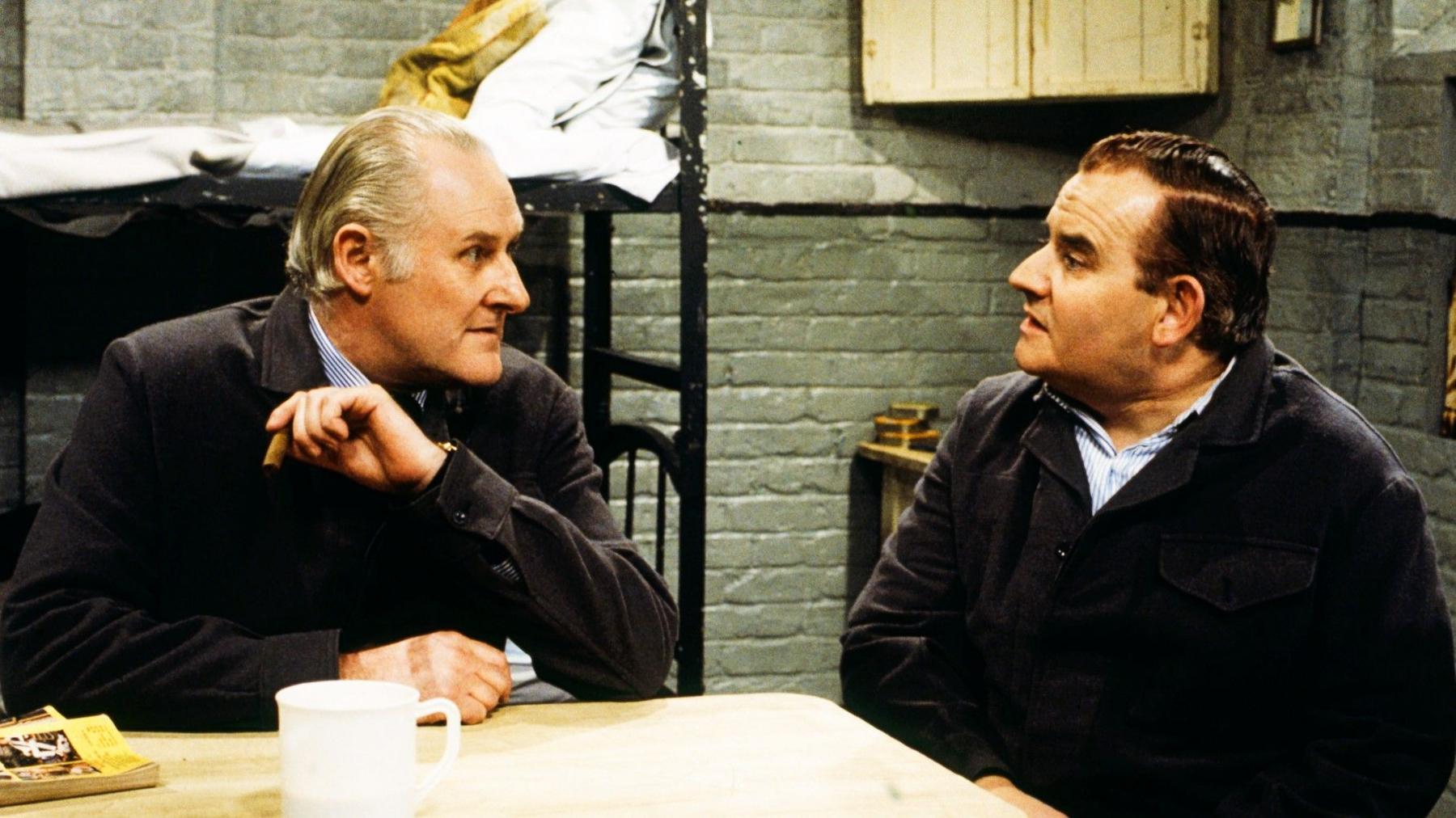 Peter Vaughan as villain Harry Grout talks to Ronnie Barker's character Fletch
