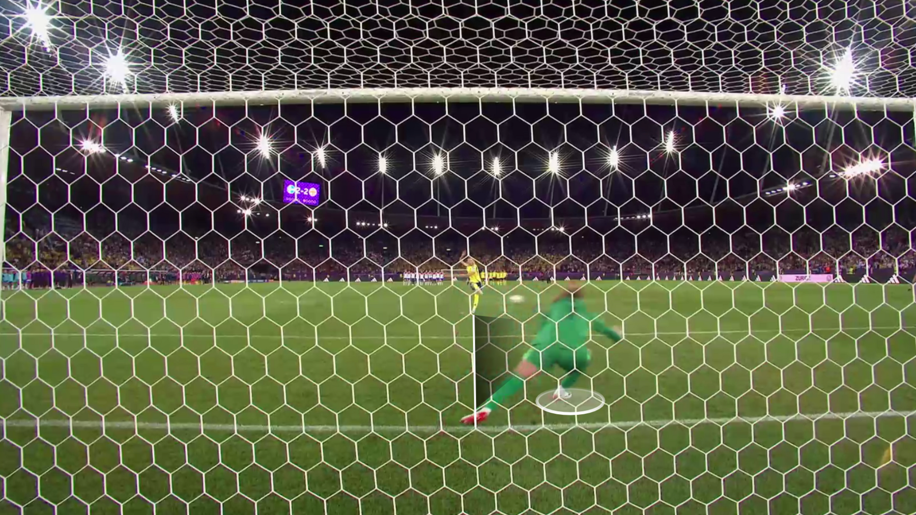 An image showing how Hannah Hampton steps a long distance to the right before diving to save a penalty
