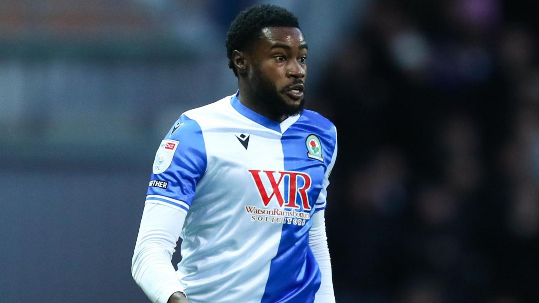 Ryan Alebiosu, wearing Blackburn's blue and white home shirt, during the home game against Coventry City