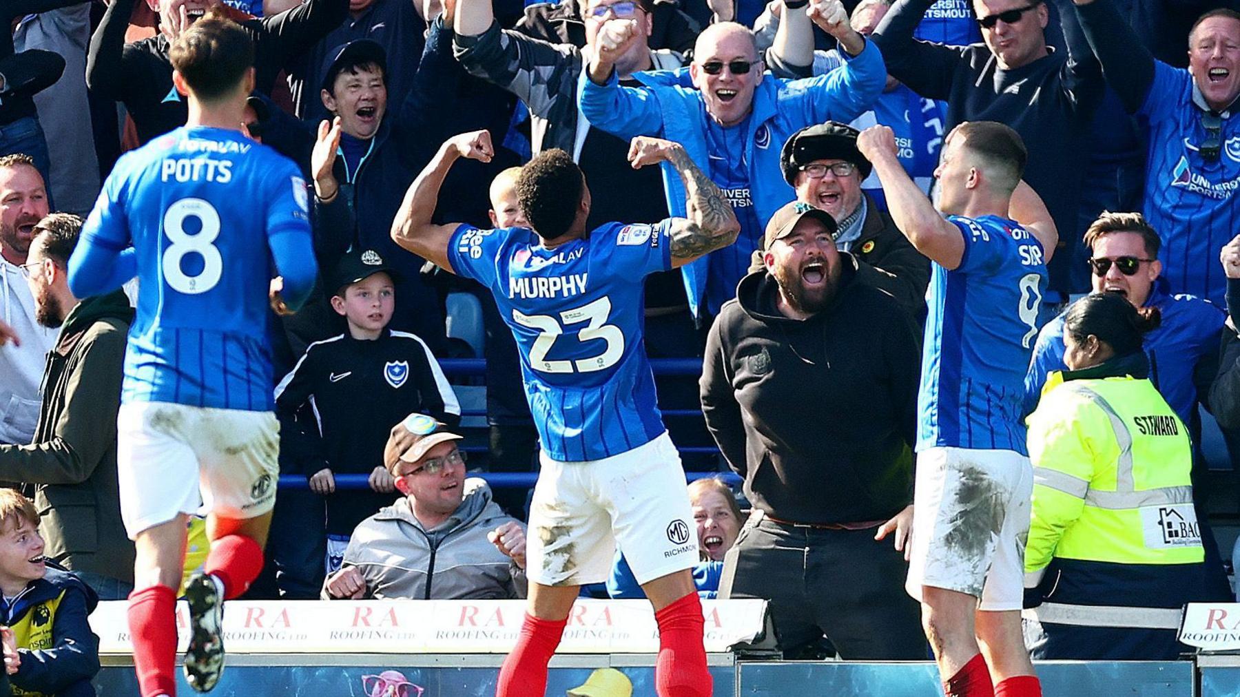 Portsmouth celebrate scoring against Leeds at Fratton Park