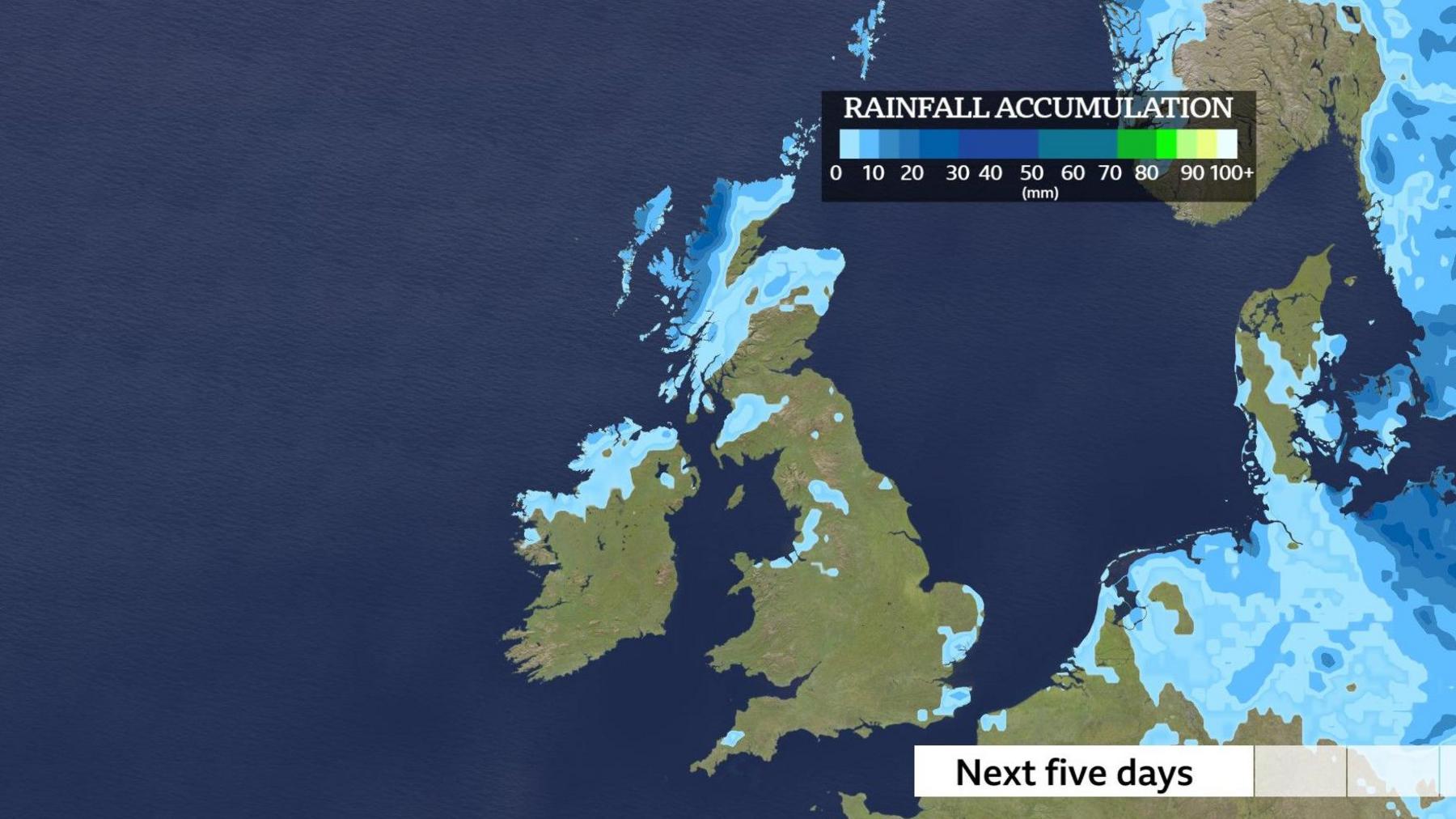 Map of UK showing in blue any areas expecting to receive rainfall this week, these being north-west Scotland and a few other coastal locations. Most of the UK looks dry for the next five days