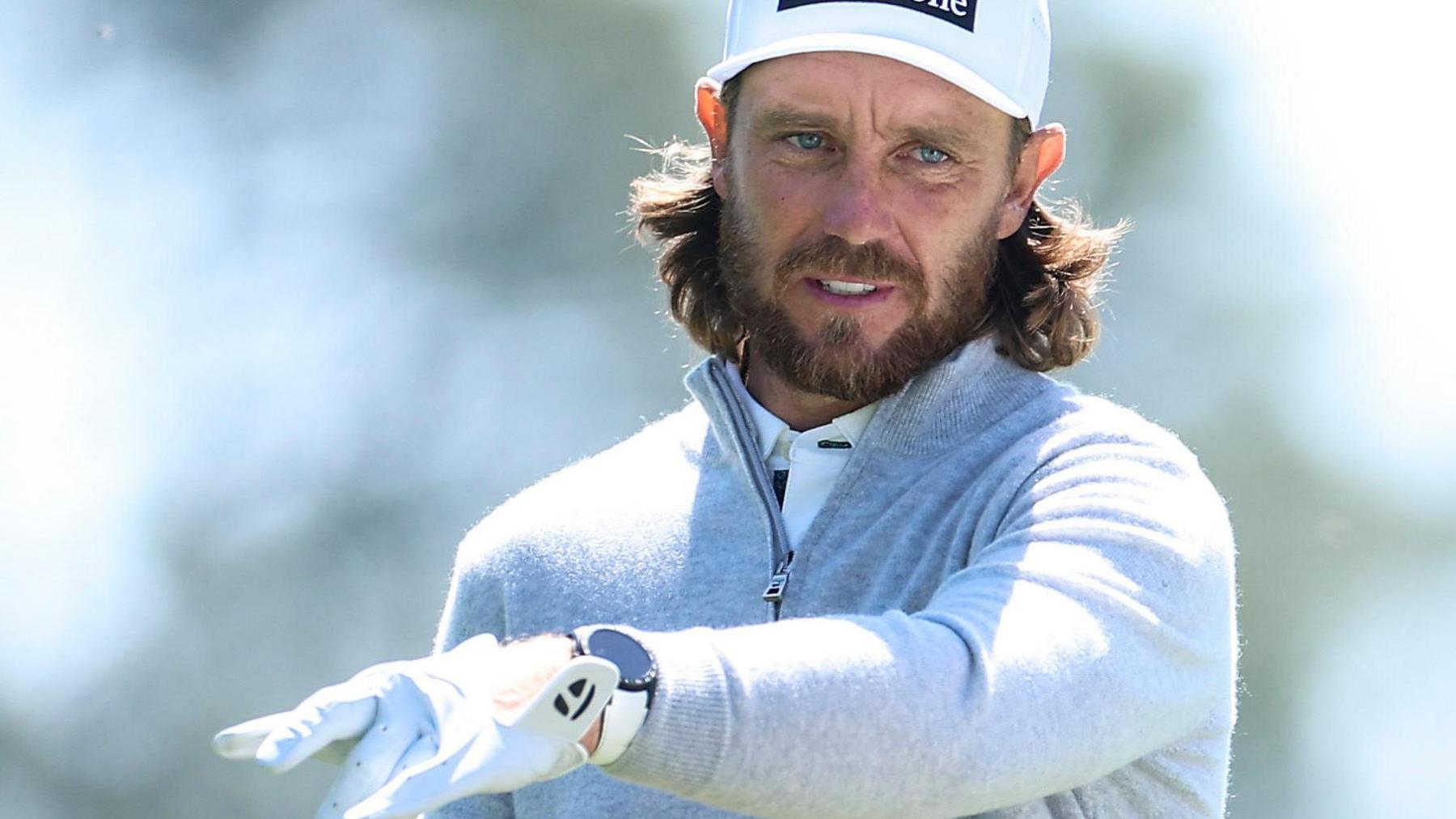 Tommy Fleetwood pointing during the Masters at Augusta National