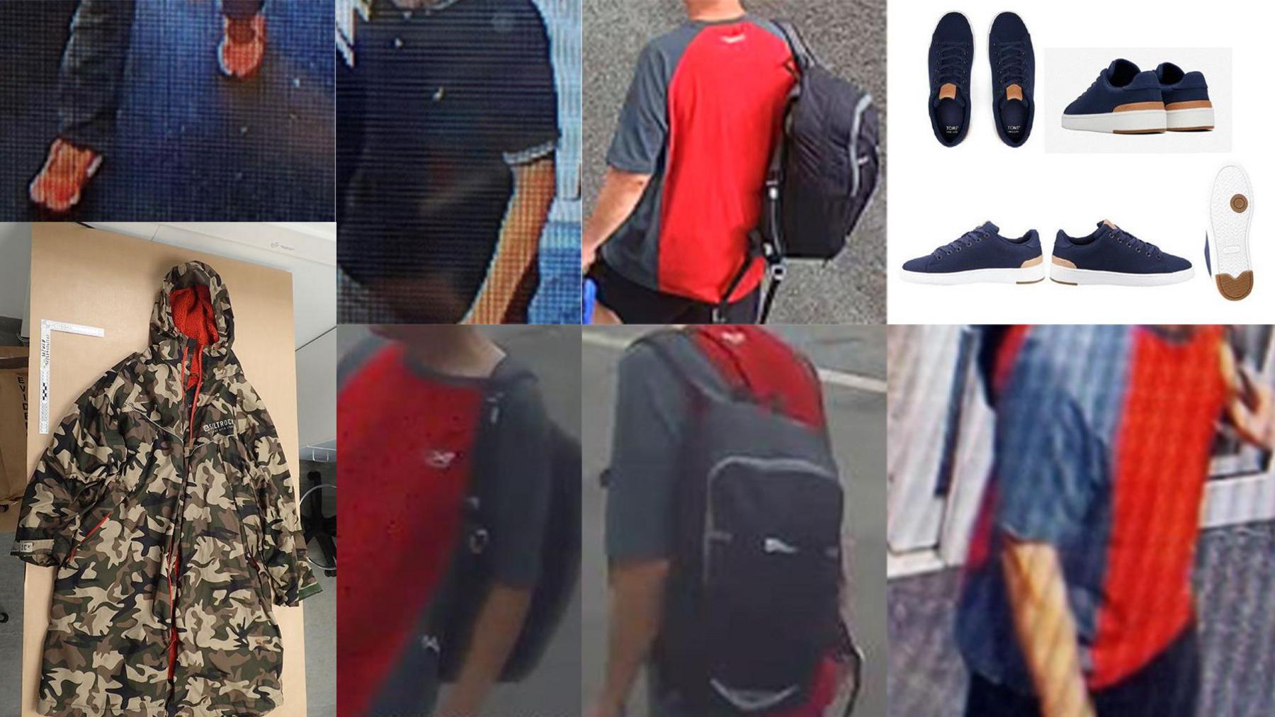 A collage of clothing which features a cropped picture of a person walking with jeans and orange trainers, a cropped picture of a person wearing a navy polo top, pictures of a person wearing a grey and red T-shirt and a carrying a black backpack, pictures of navy shoes with white soles from different angles and a long camouflaged ‘Saltrock’ dry robe coat with a red lining.