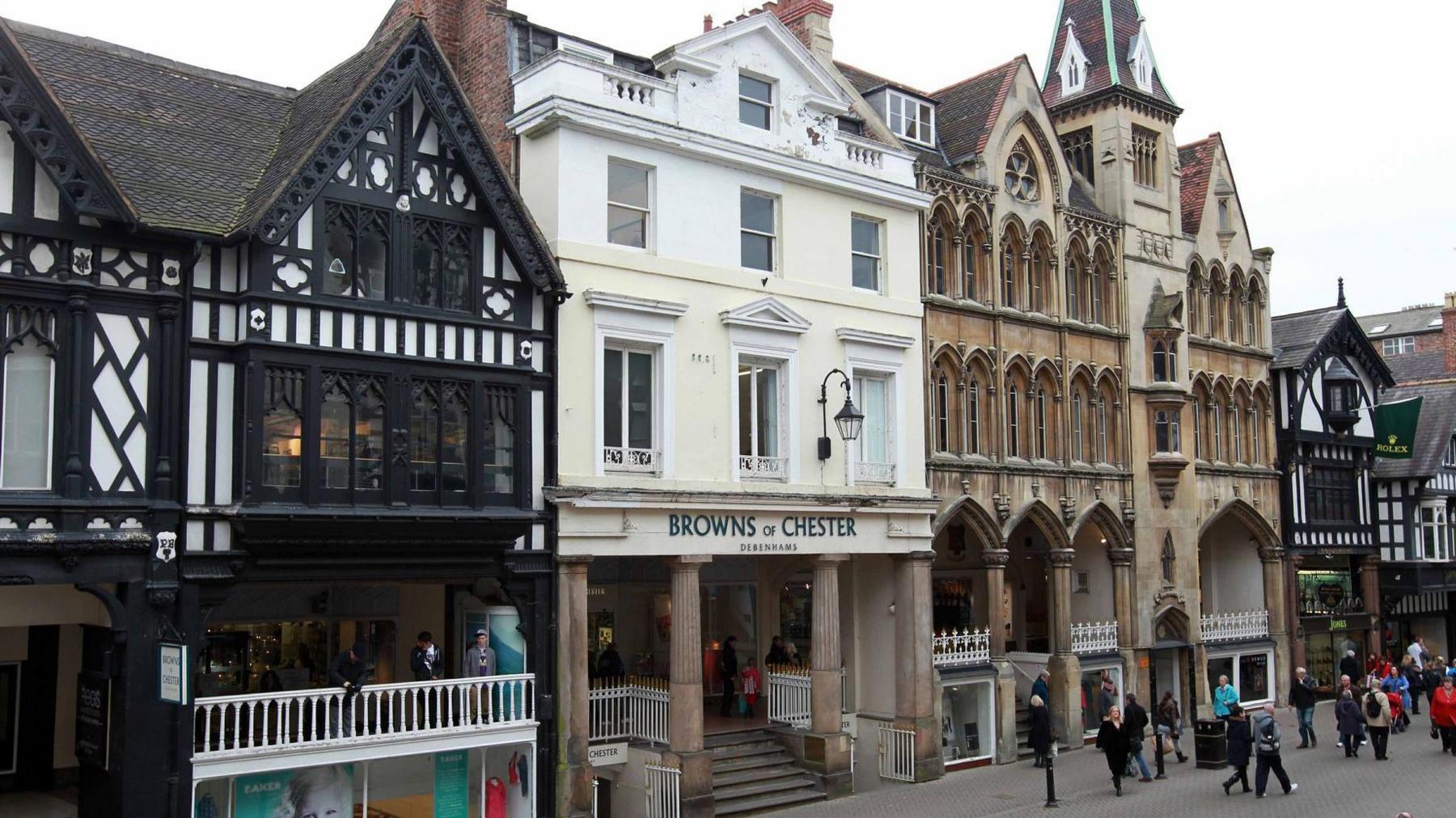 An exterior shot of Browns of Chester - taken from the other side of the Chester Rows