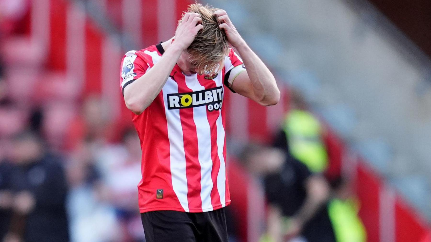 Southampton's Flynn Downes in despair after Leicester City's dramatic win at St. Mary's