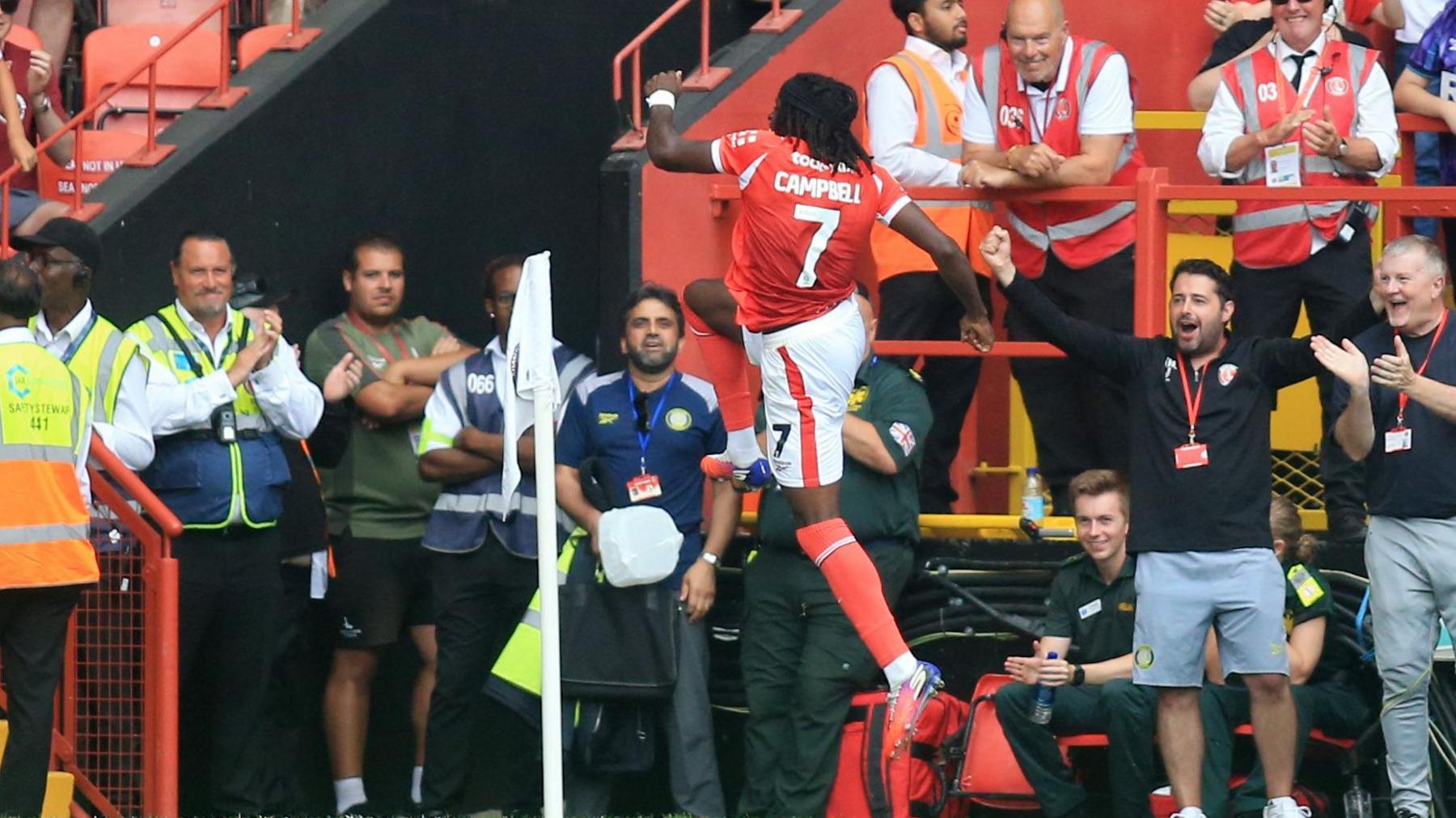 Tyreece Campbell celebrates his winner for Charlton against Derby County