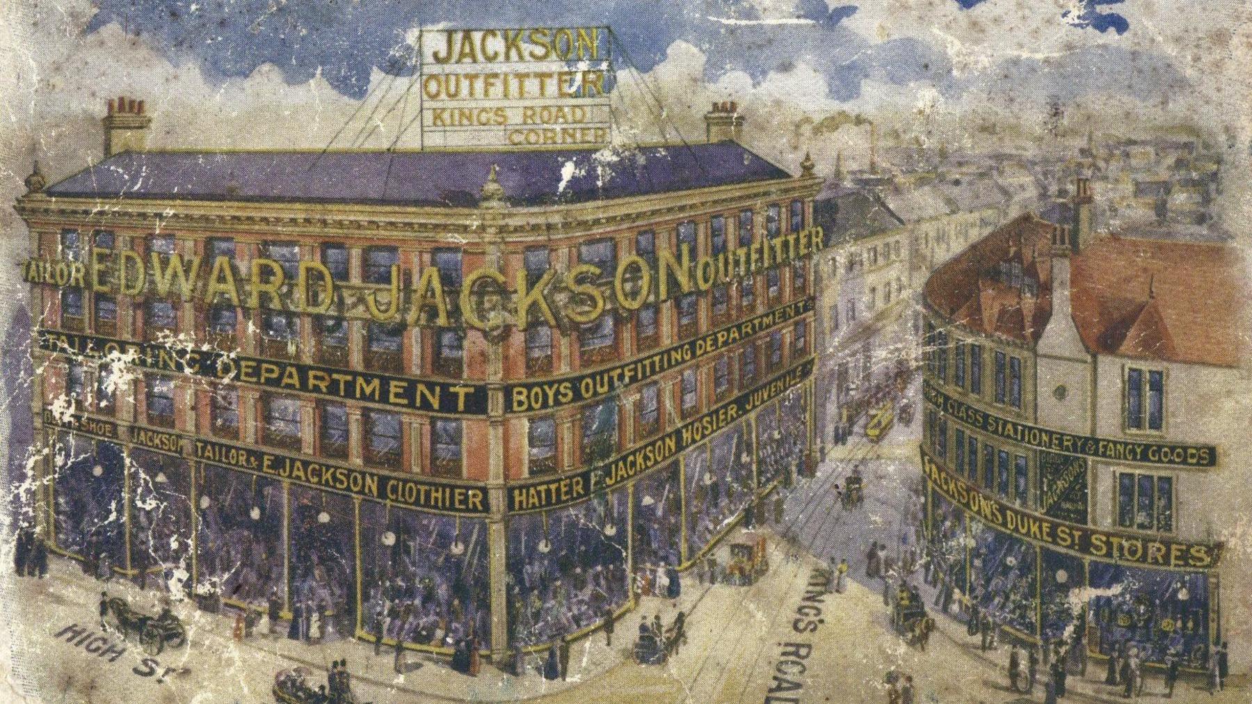 A painting showing Jacksons Corner and the Duke Street store. They're both on street corners opposite one another. Jacksons Corner is made of red brick while Duke Street is made of grey brick. People mill in the street between them. It's an old painting covered with blemishes.