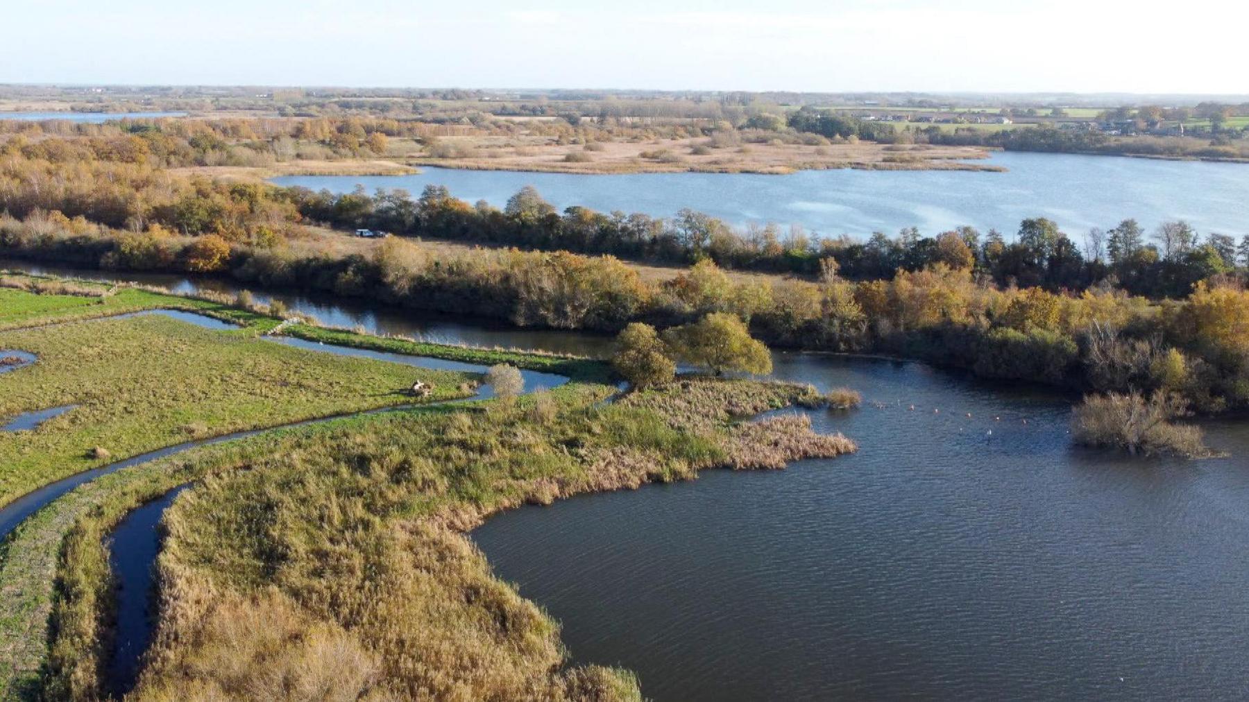 An aerial view of an area of wetland in the Stodmarsh Nature Reserve near Canterbury and Ashford.