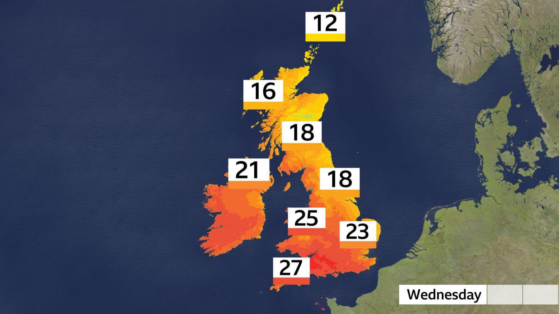 BBC Weather graphic with maximum temperatures for Monday with 12 degrees in the Northern Isles and up to 27 degrees in south-west England