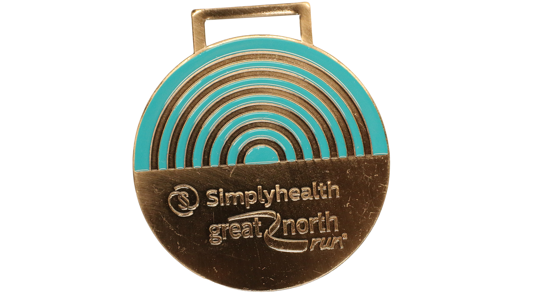 A gold and blue circular medal, that reads 'Simply health great north run'. It has gold stripes in the shape of a semi-circle going through the blue. 