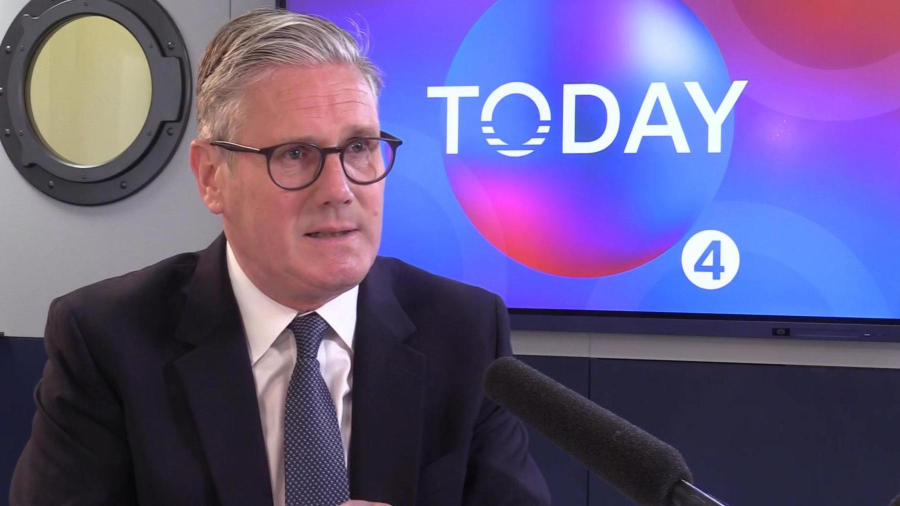 Keir Starmer wearing a suit and sitting in front of the logo for BBC Radio 4's Today programme