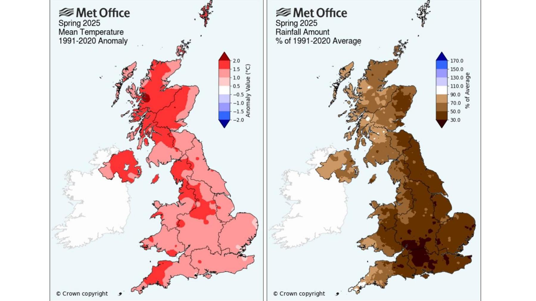Met Office charts showing Spring 2025 temperature and rainfall anomaly, compared with the 1991-2020 long-term average. The maps show that it was drier and warmer than usual across the UK.
