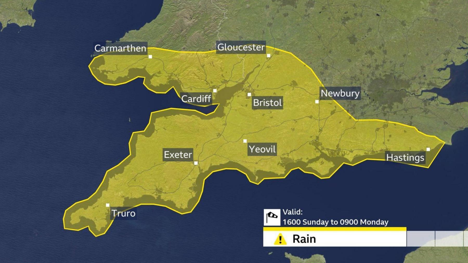 Map showing where the weather warning has been issued